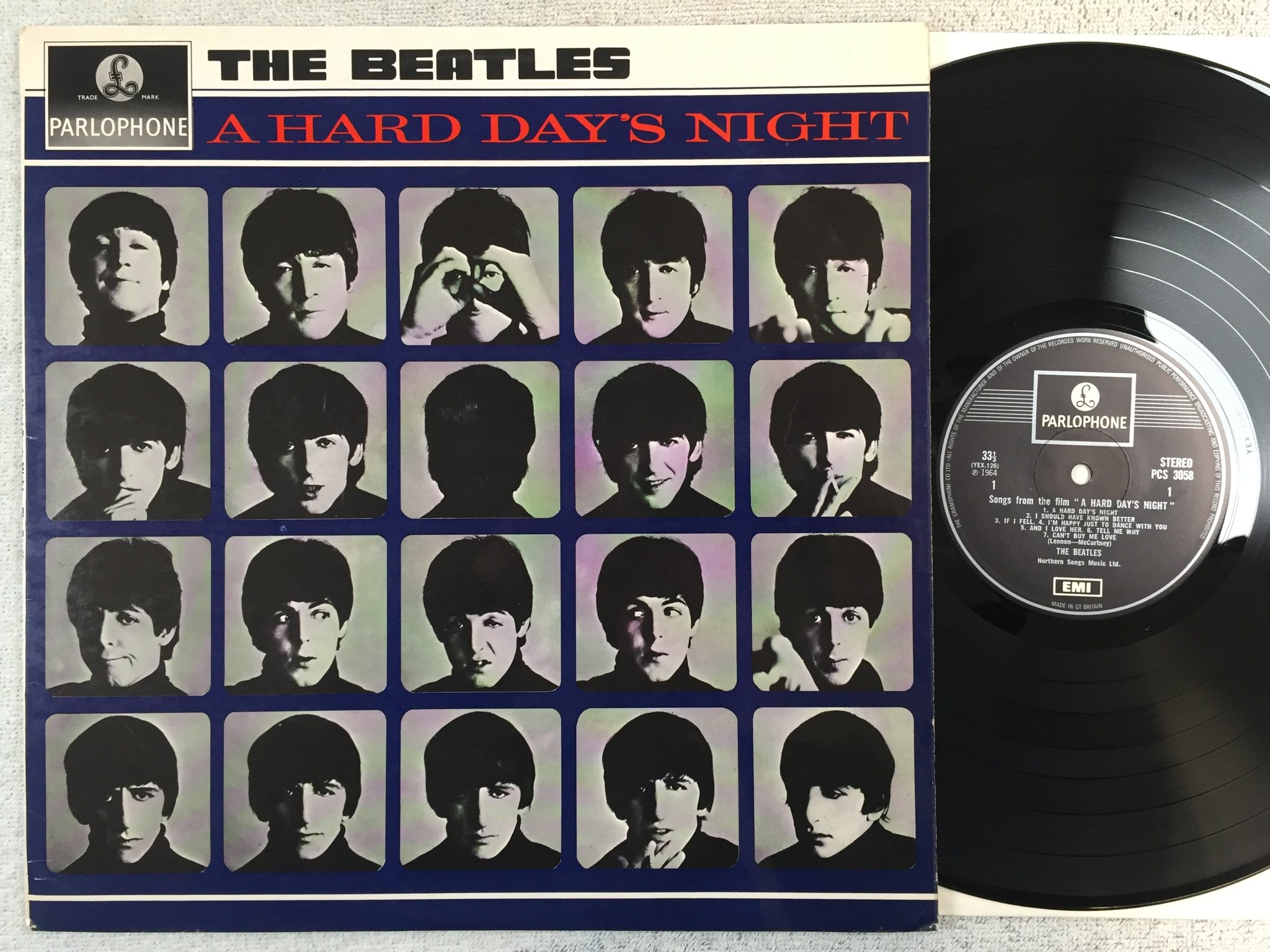 Omslagsbild för skivan THE BEATLES a hard day's night LP UK EMI/PARLOPHONE PCS 3058