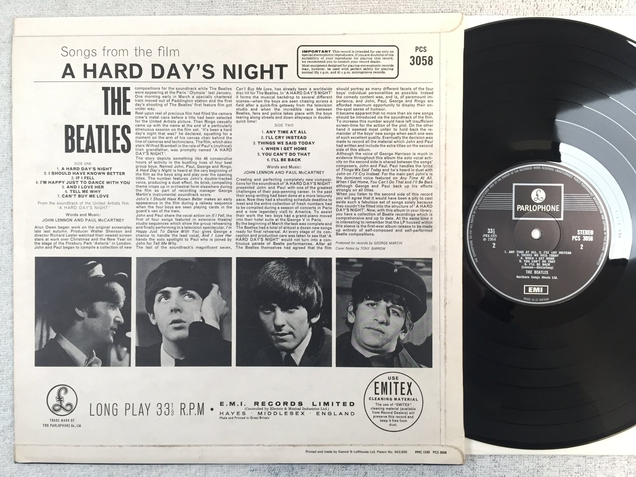 Omslagsbild för skivan THE BEATLES a hard day's night LP UK EMI/PARLOPHONE PCS 3058