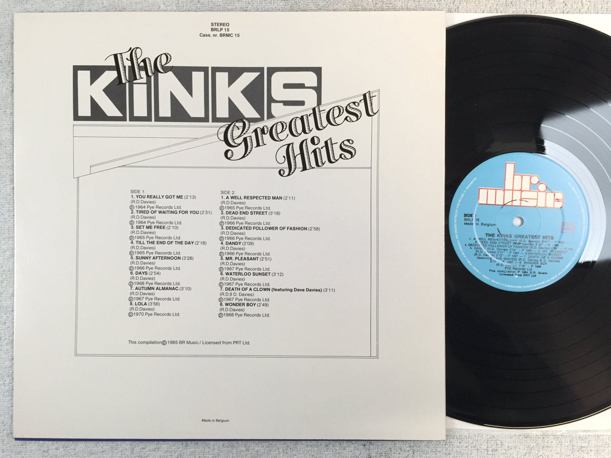 Omslagsbild för skivan THE KINKS greatest hits LP Belgium -85 BR MUSIC BRLP 15