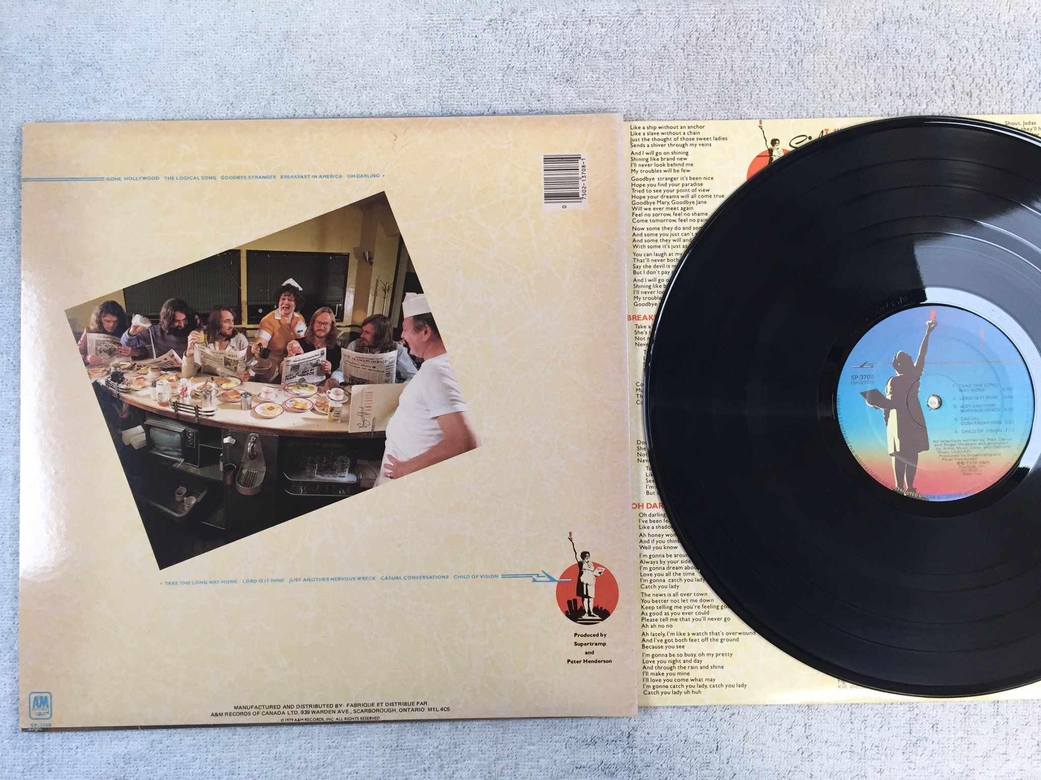 Omslagsbild för skivan SUPERTRAMP breakfast in America LP -79 Can A&M SP 3708
