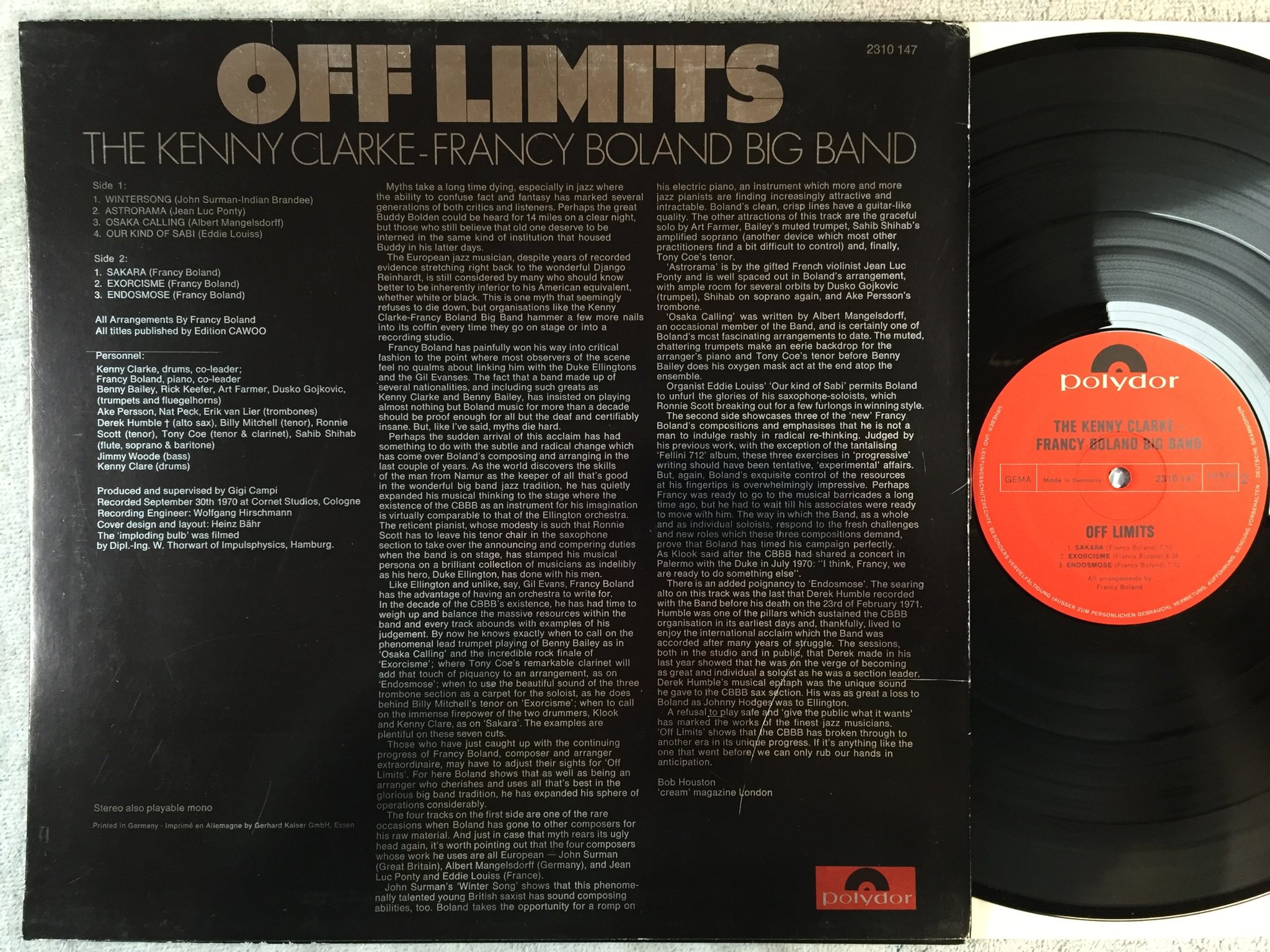 Omslagsbild för skivan THE KENNY CLARKE - FRANCY BOLAND BIG BAND off limits LP -71 Ger POLYDOR 2310147