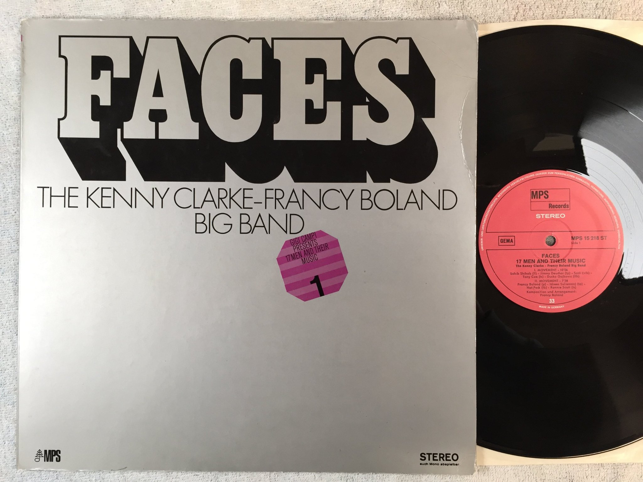 Omslagsbild för skivan THE KENNY CLARKE - FRANCY BOLAND BIG BAND faces LP Ger MPS 15218 ST