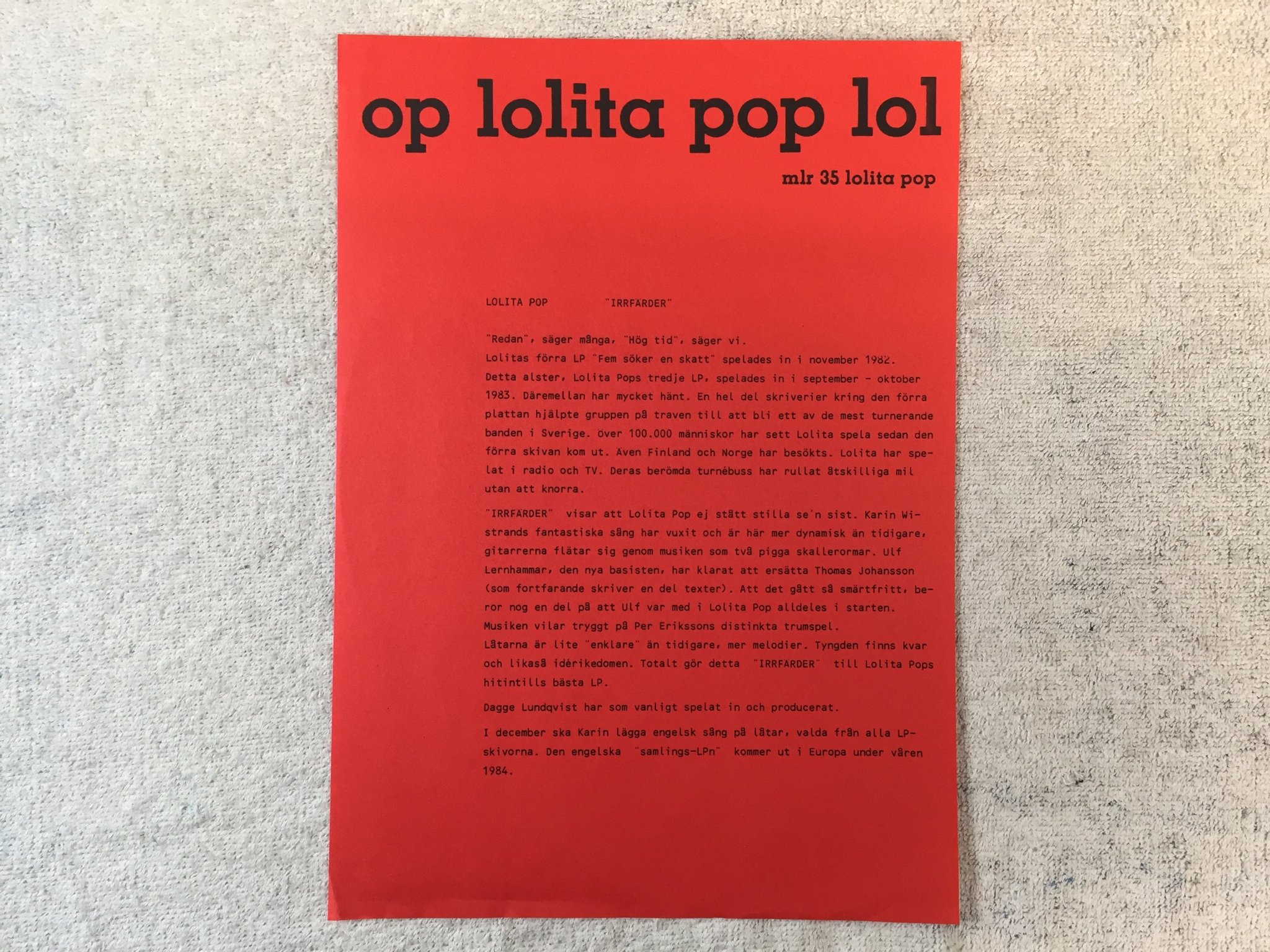 Omslagsbild för skivan LOLITA POP irrfärder LP -83 Swe MISTLUR MLR 38