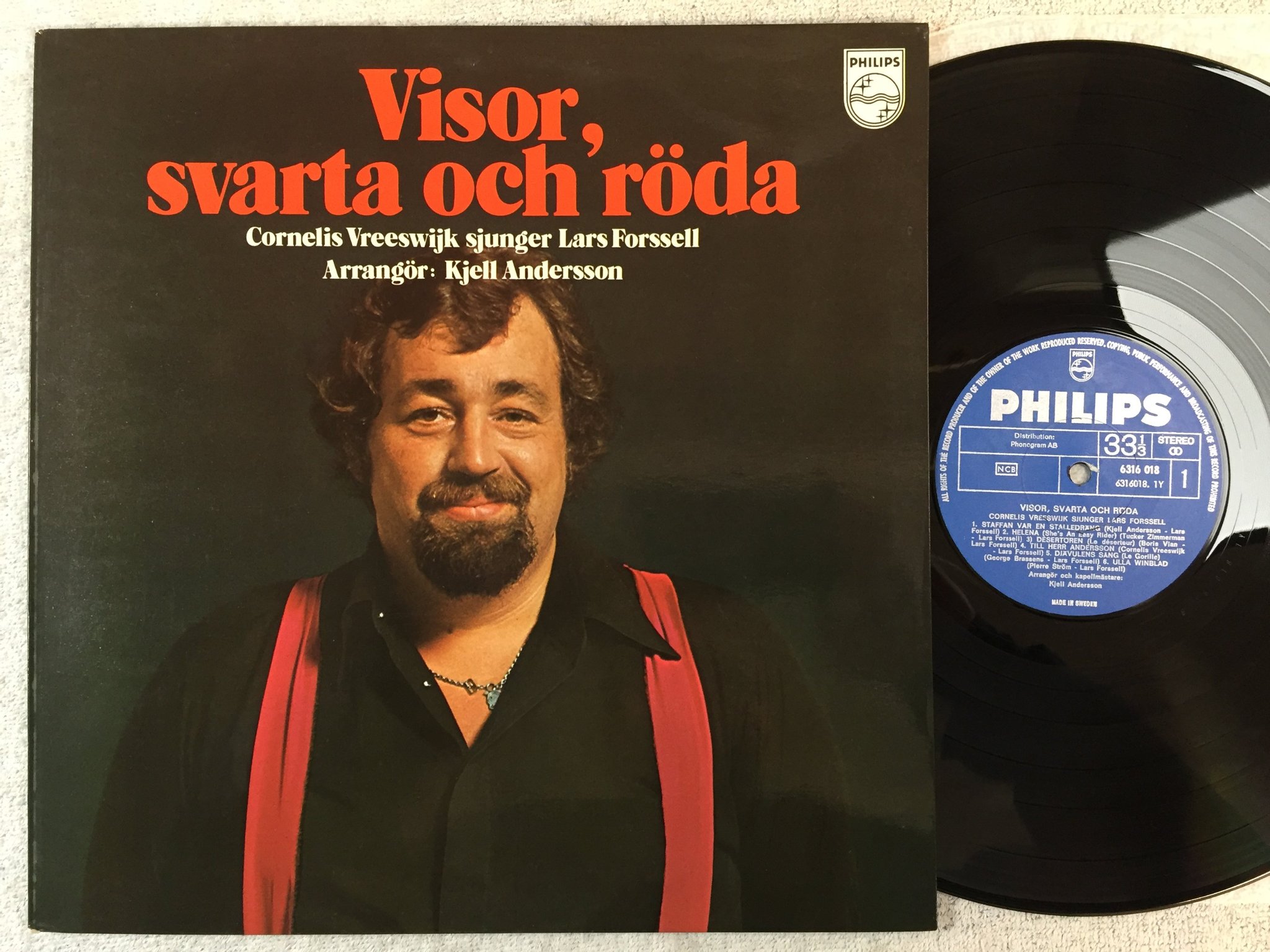 Omslagsbild för skivan CORNELIS VREEJSWIJK visor, svarta & röda LP Swe PHILIPS 6316018