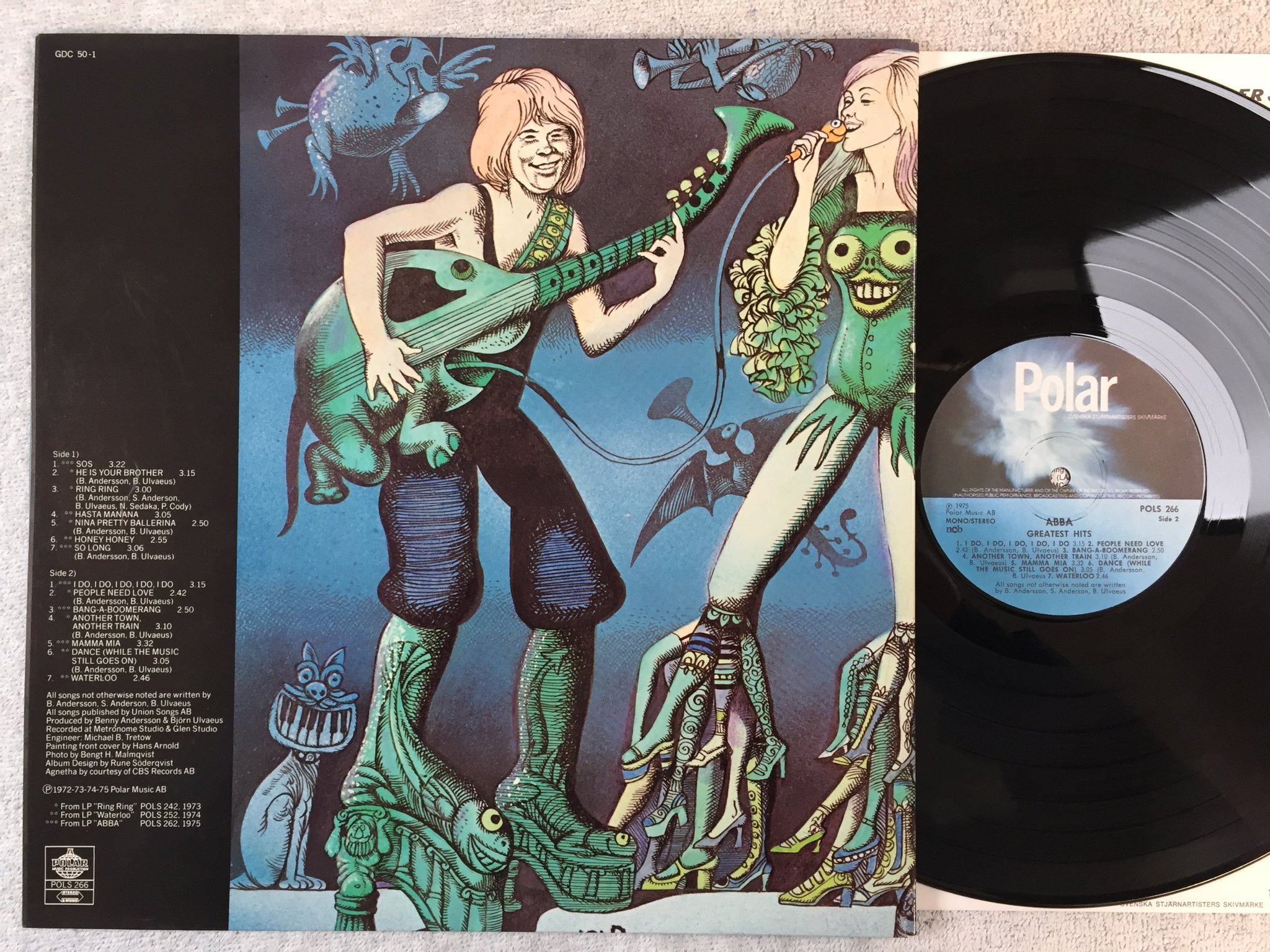 Omslagsbild för skivan ABBA greatest hits LP -75 Swe POLAR POLS 266 Hans Arnold cover art 