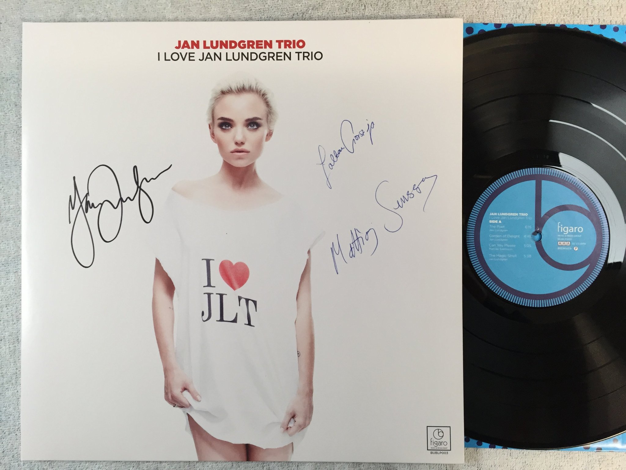 Omslagsbild för skivan JAN LUNDGREN TRIO I Love Jan Lundgren Trio LP 2013 BUBEN BUBLP003 signed by arti