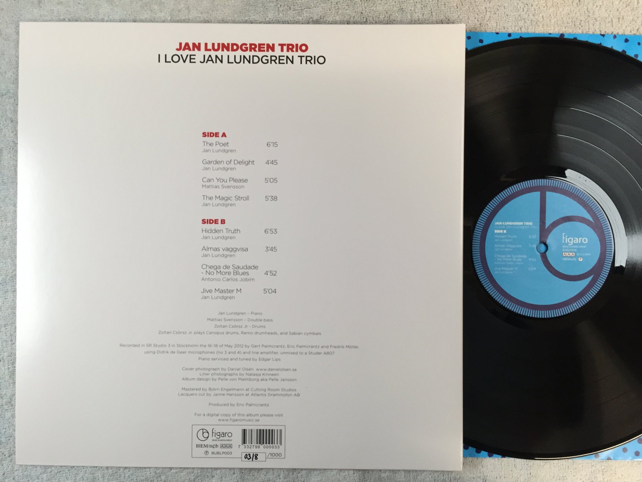 Omslagsbild för skivan JAN LUNDGREN TRIO I Love Jan Lundgren Trio LP 2013 BUBEN BUBLP003 signed by arti