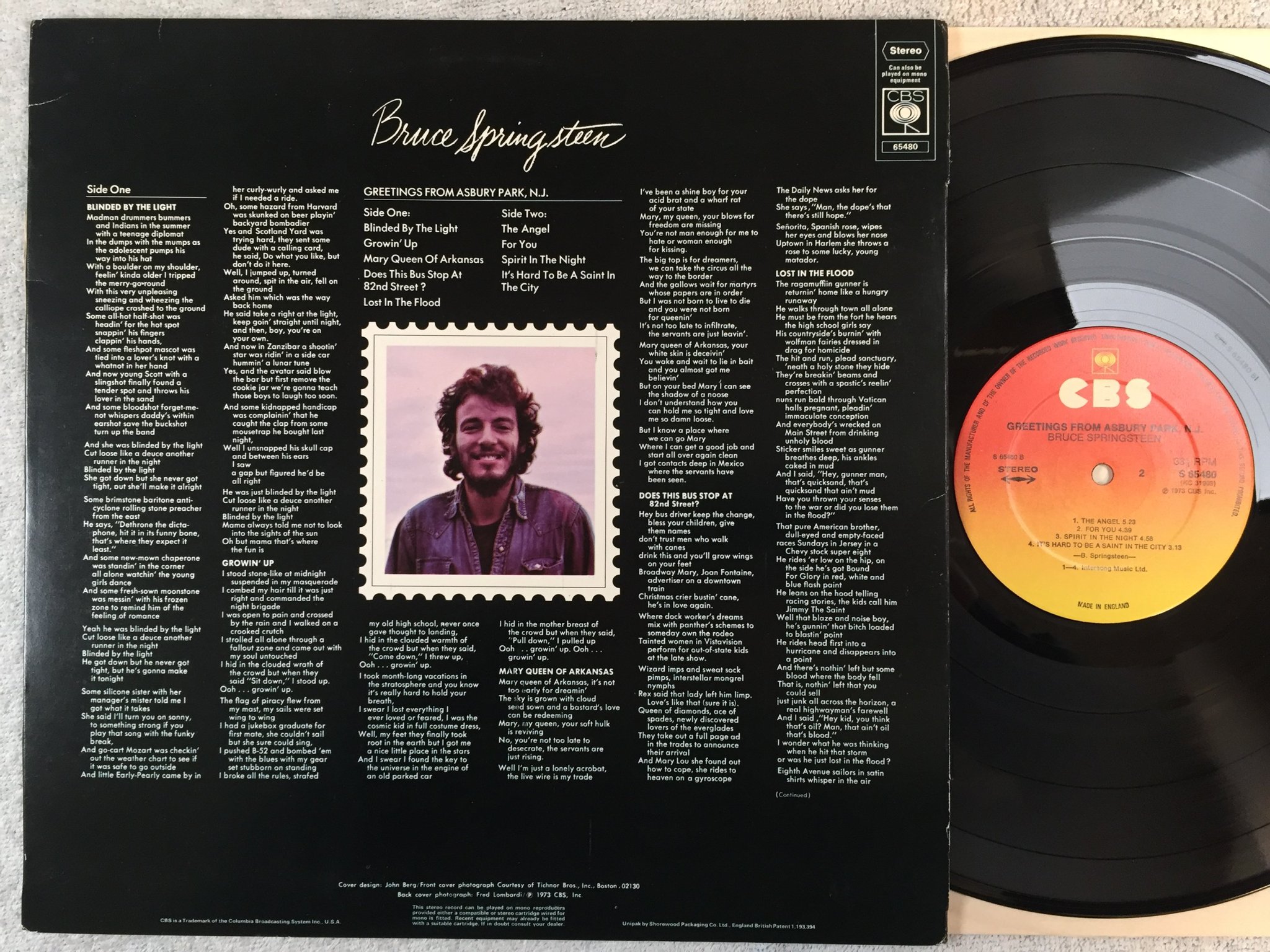 Omslagsbild för skivan BRUCE SPRINGSTEEN greetings from Asbury Park N.J.  LP UK CBS S 65480