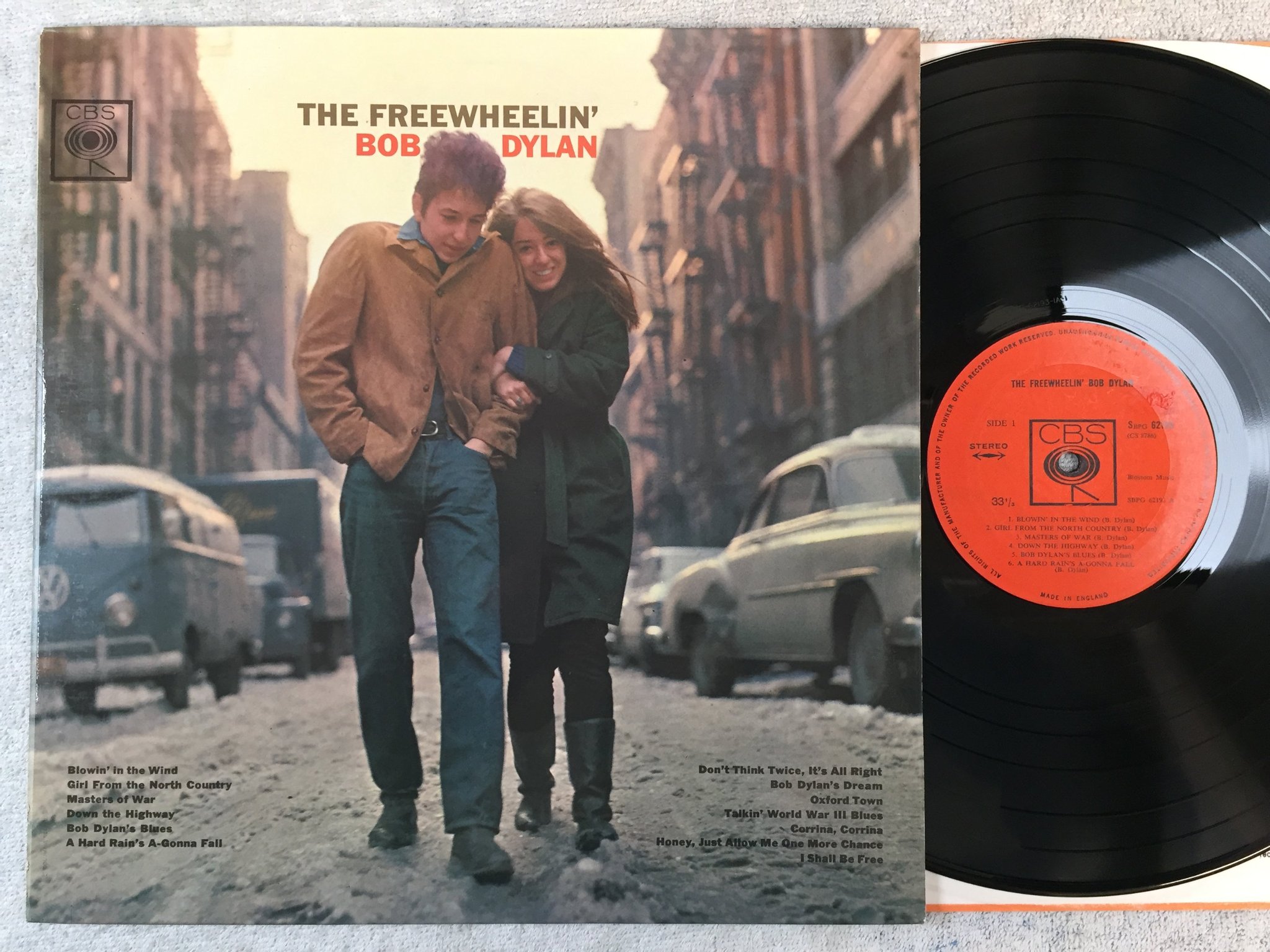 Omslagsbild för skivan BOB DYLAN freewheelin' LP -64 UK CBS SBPG 62193 red stereo on back VERY RARE!
