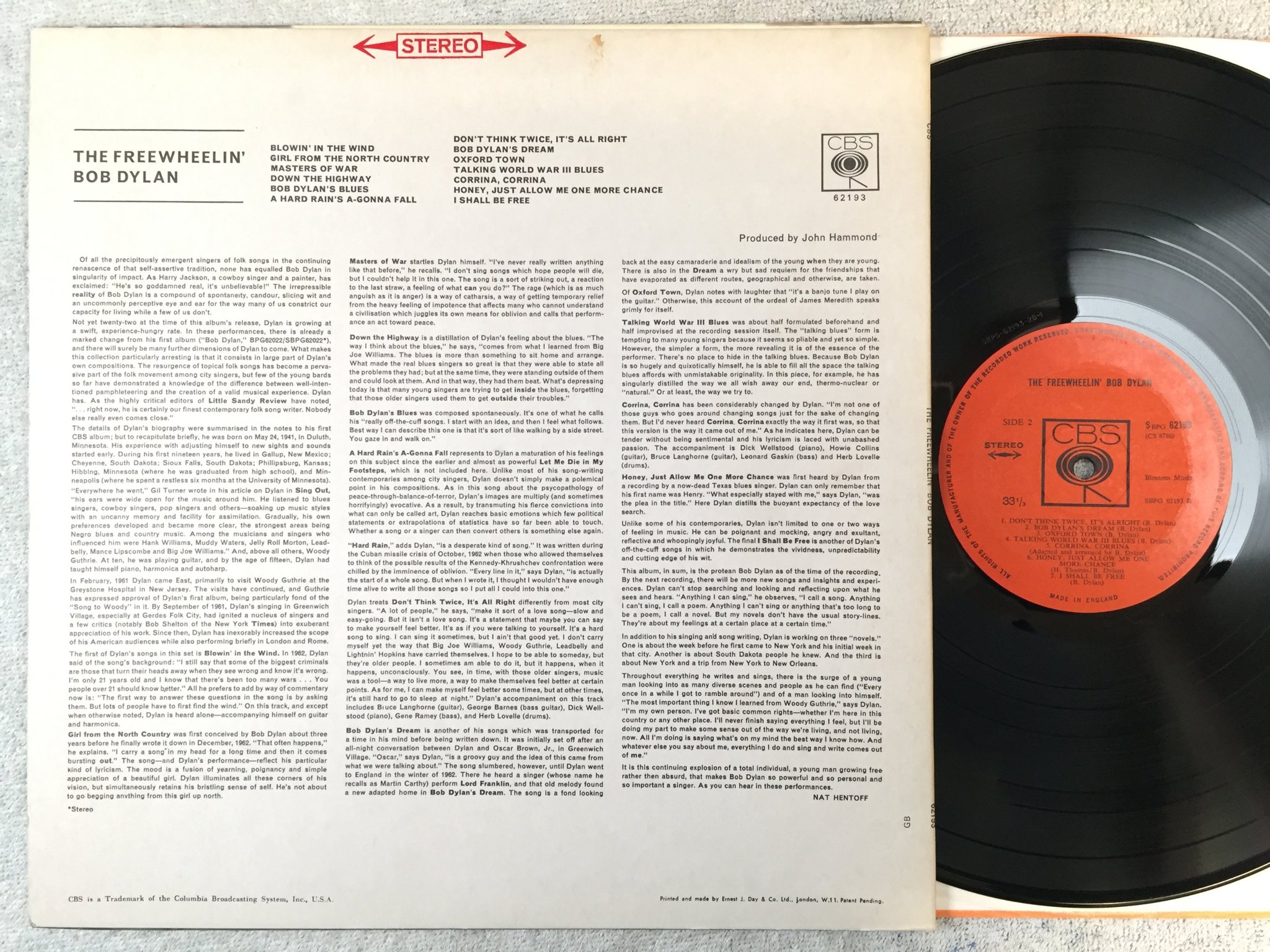 Omslagsbild för skivan BOB DYLAN freewheelin' LP -64 UK CBS SBPG 62193 red stereo on back VERY RARE!