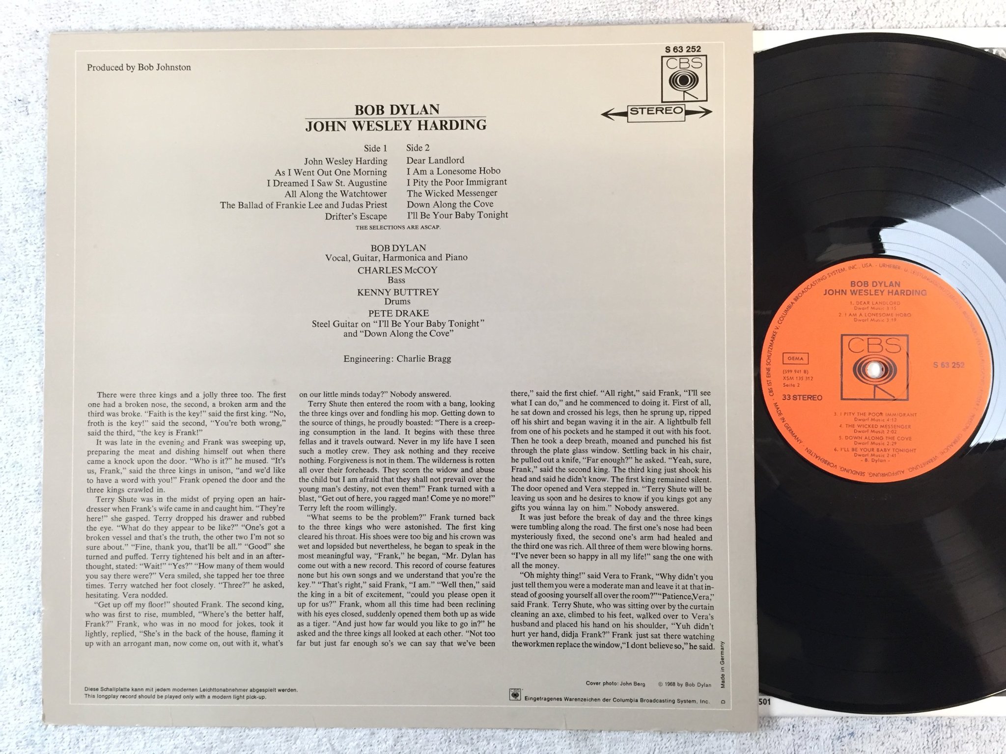 Omslagsbild för skivan BOB DYLAN John Wesley Harding LP  Ger CBS S 63 252