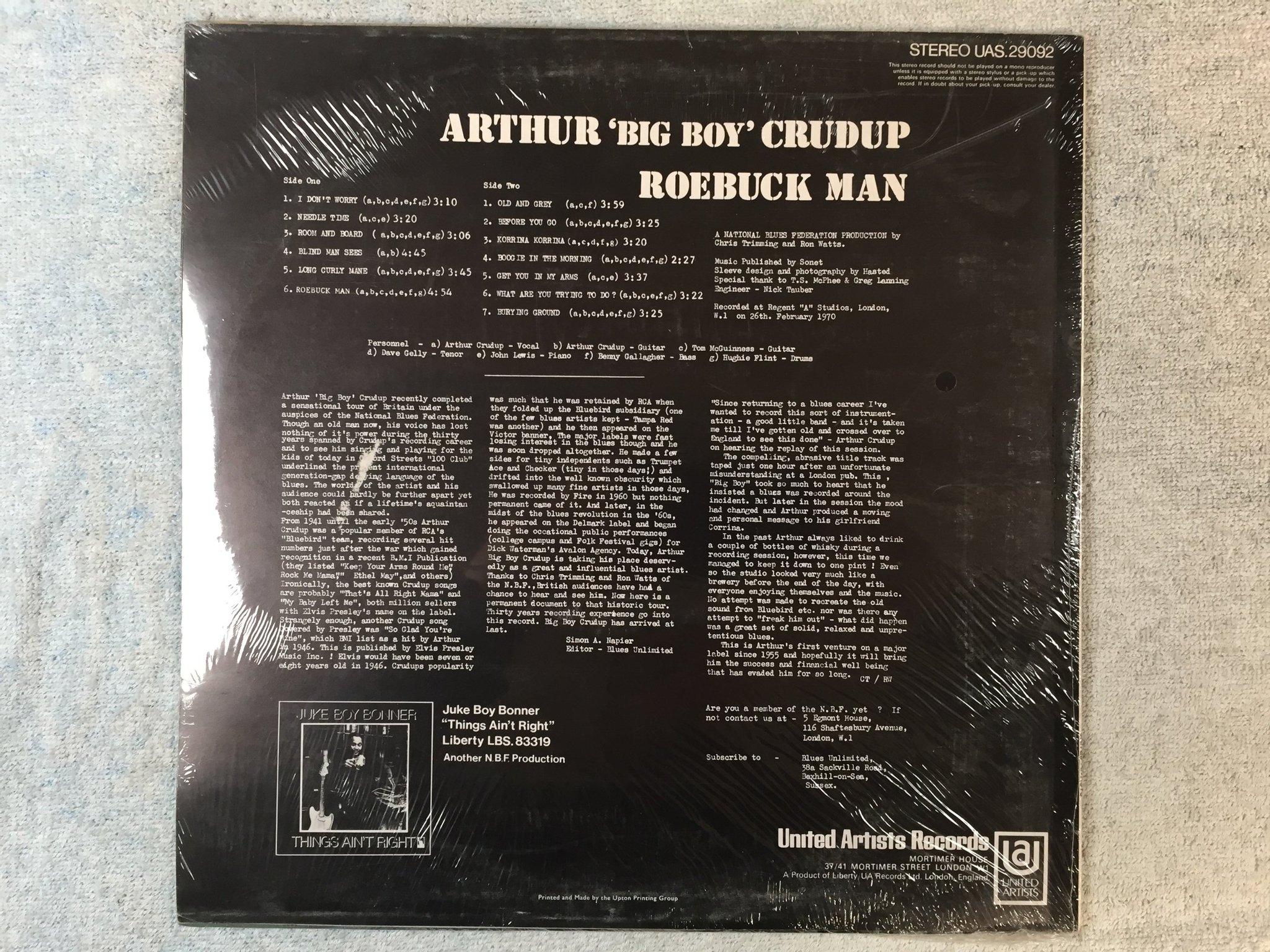Omslagsbild för skivan ARTHUR CRUDUP Roebuck Man LP -70 UK united artists UAS 29092 S/S blues
