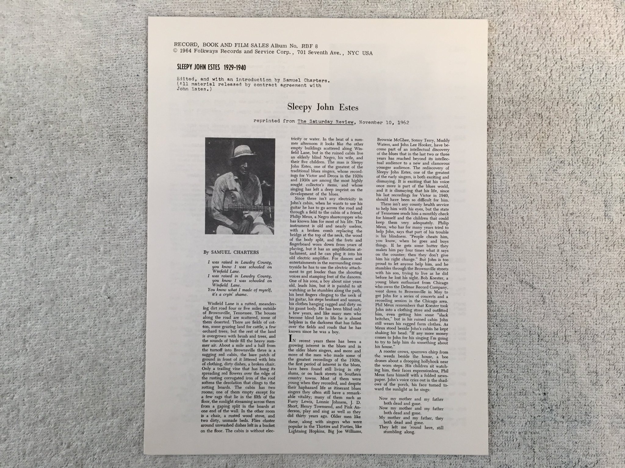 Omslagsbild för skivan SLEEPY JOHN ESTES 1929-1940 LP -64 US rbf RBF 8
