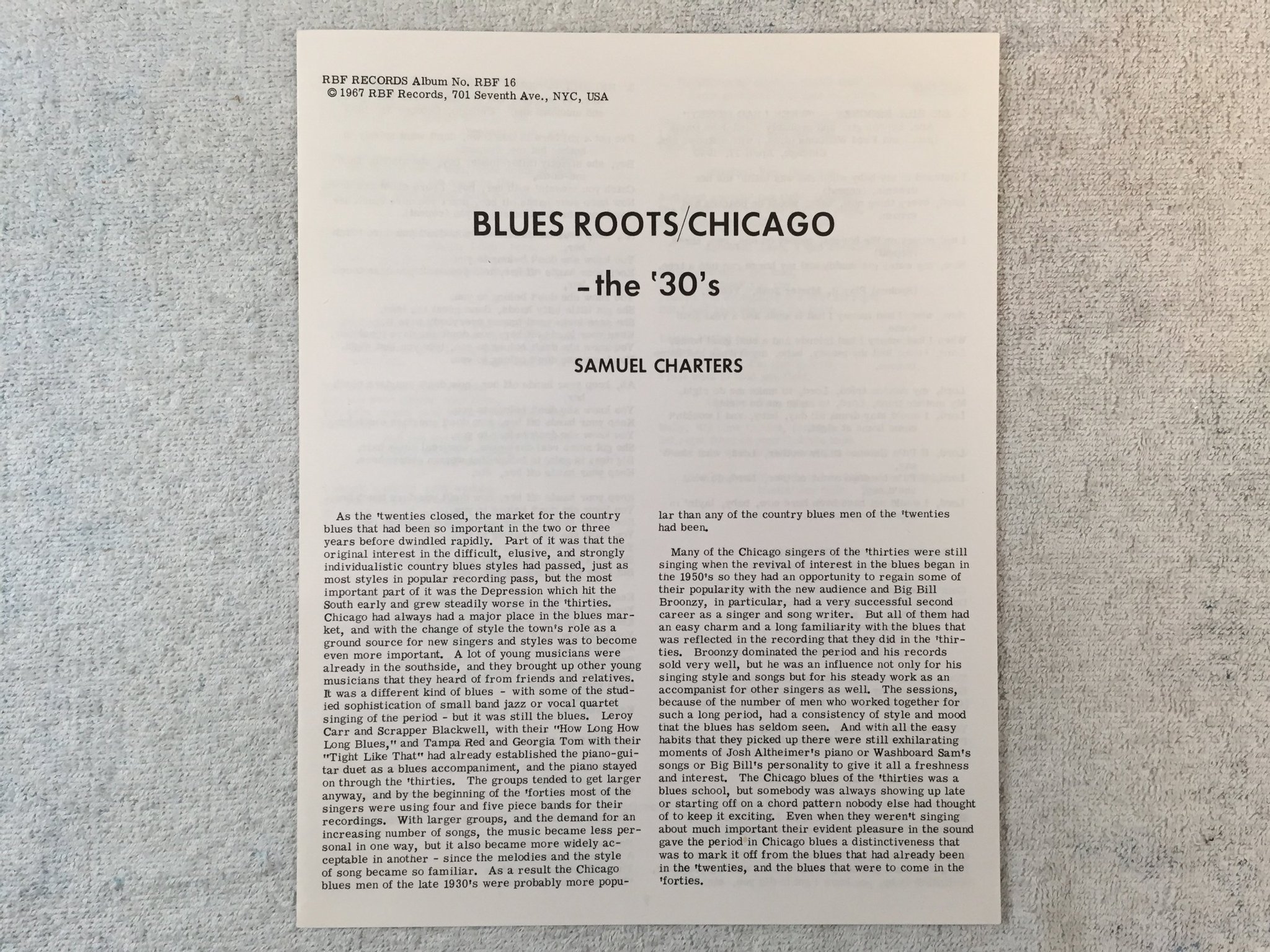 Omslagsbild för skivan V/A blues roots / Chicago the 1930's  LP -67 US   RBF 16