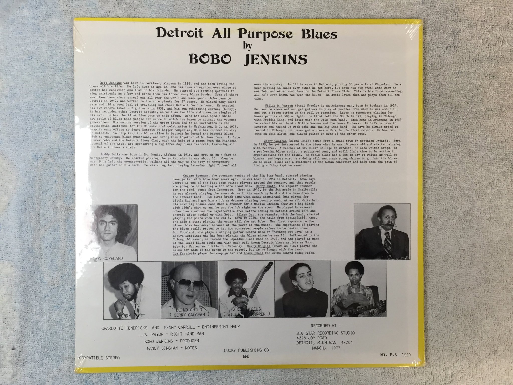 Omslagsbild för skivan BOBO JENKINS detroit all purpose blues LP -77 US BIG STAR B.S. 15-50 S/S 