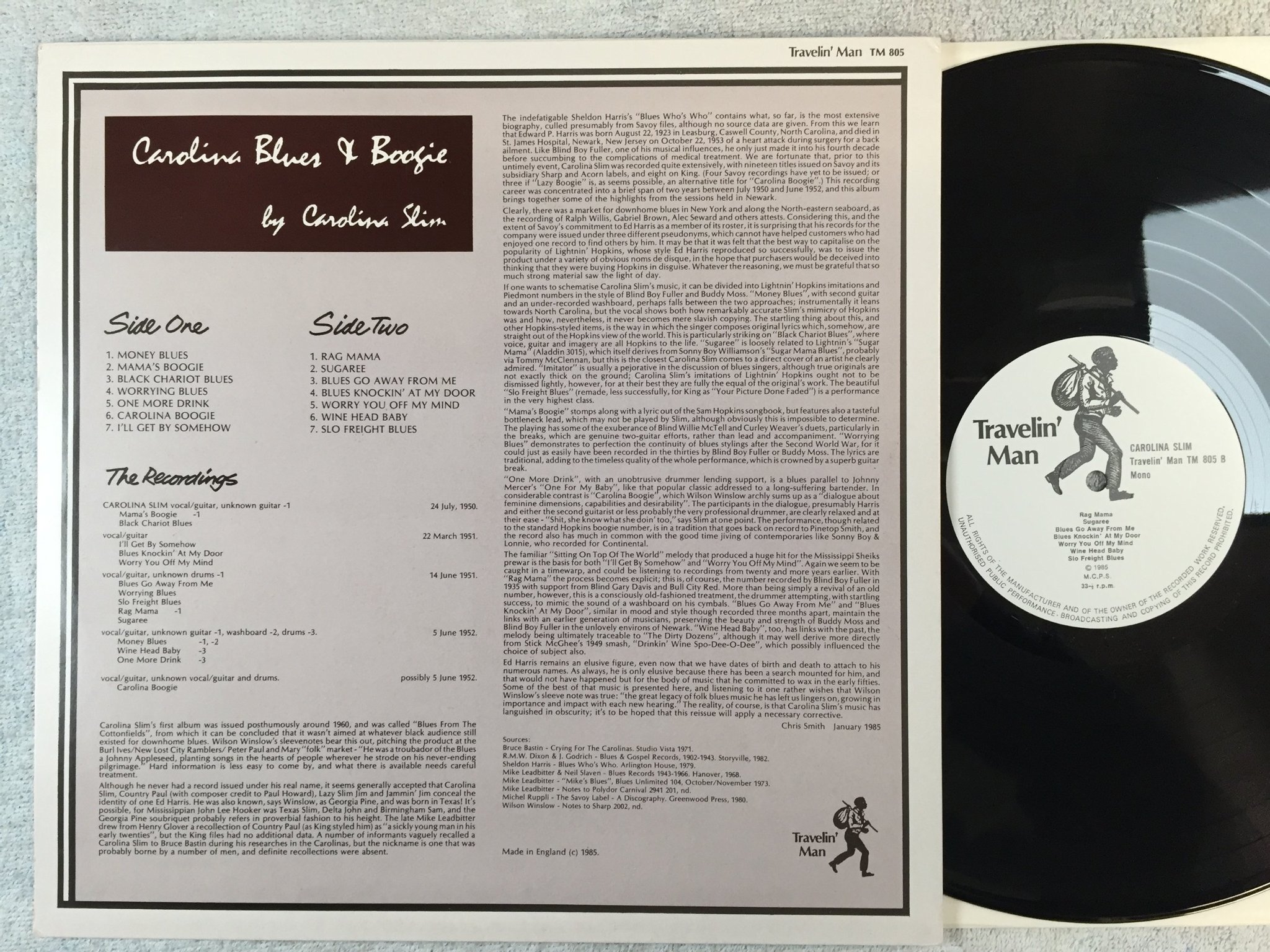 Omslagsbild för skivan CAROLINA SLIM Carolina Blues & Boogie LP -85 UK TRAVELLIN BAND TM 805