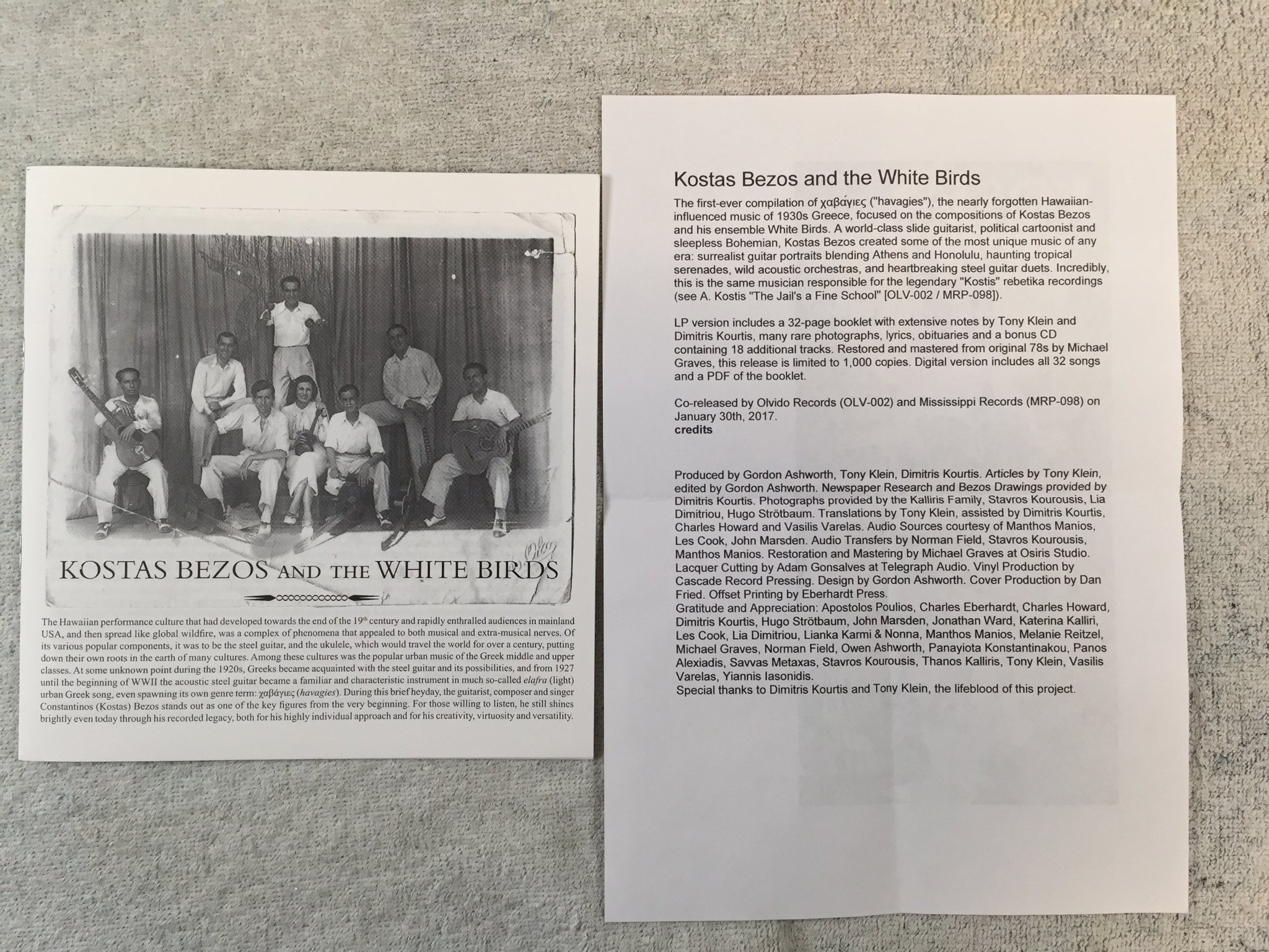 Omslagsbild för skivan KOSTAS BEZOS & THE WHITE BIRDS s/t LP 2017 no cd OLVIDO OLV-002