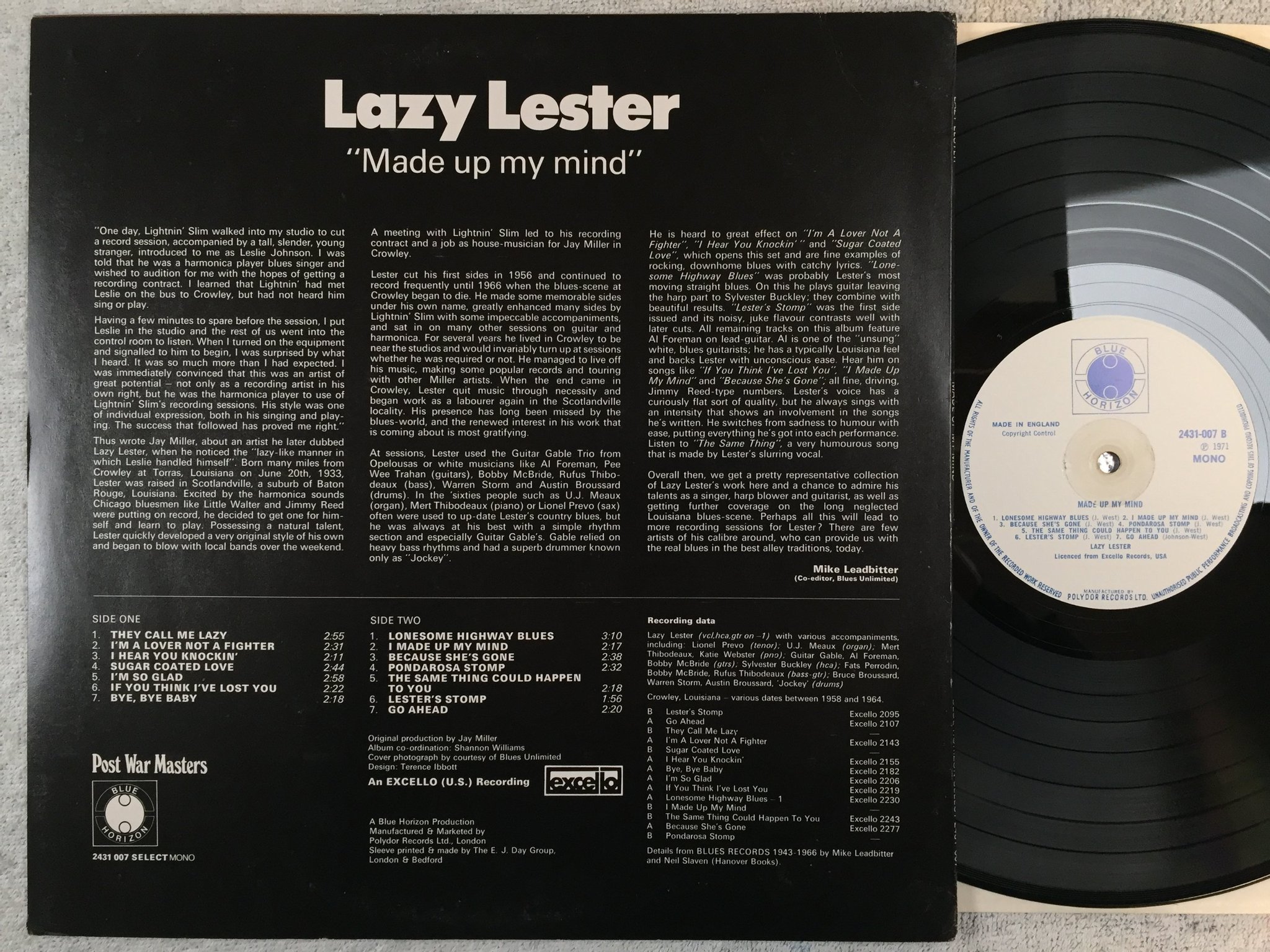 Omslagsbild för skivan LAZY LESTER made up my mind UK -71 UK BLUE HORIZON mono 2431-007 Rare blues !