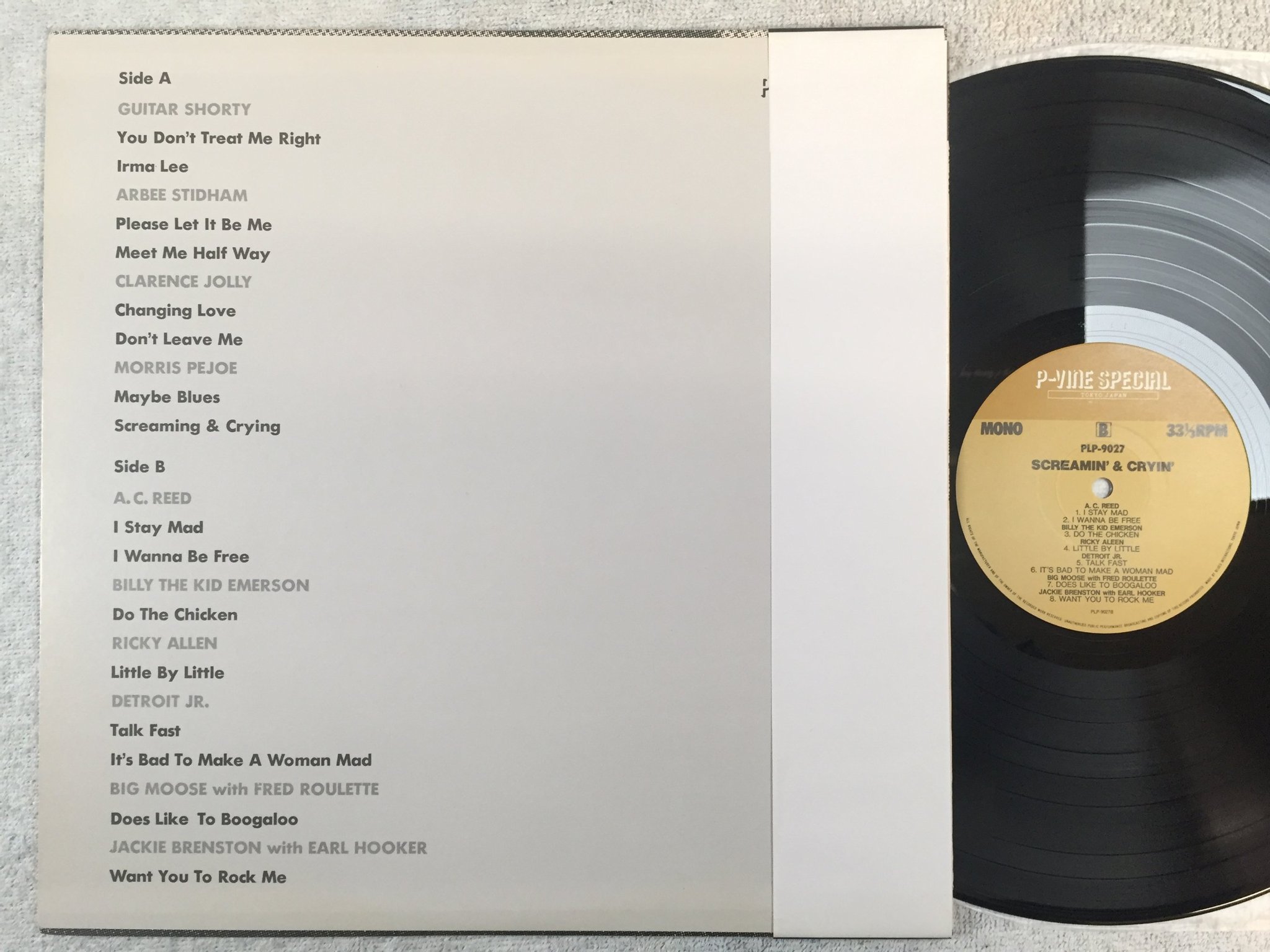 Omslagsbild för skivan V/A screamin' and cryin' LP -82 Japan P-VINE PLP-9027