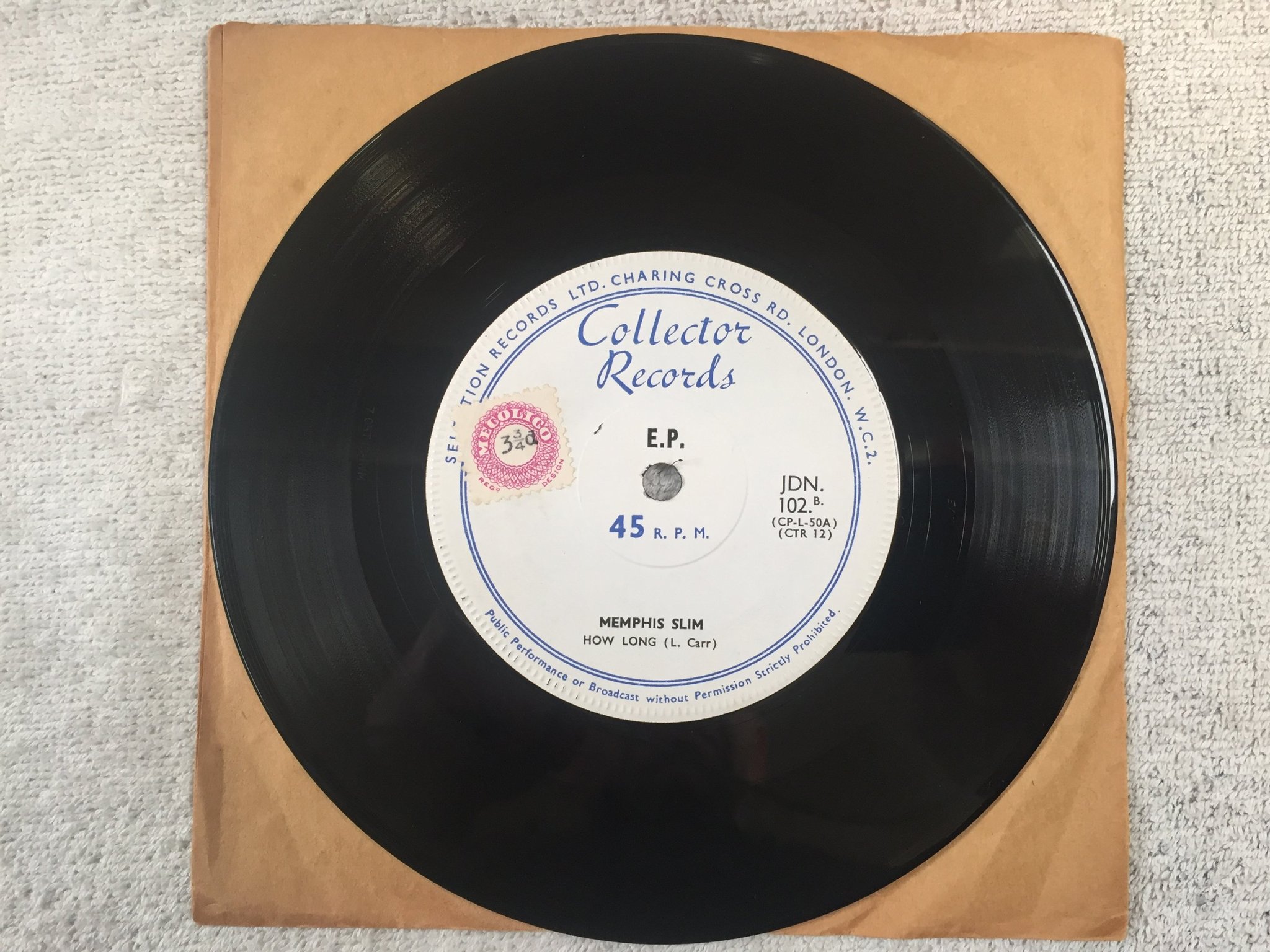 Omslagsbild för skivan MEMPHIS SLIM Pinetop's Blues 7"single -60 UK COLLECTOR JDN 102