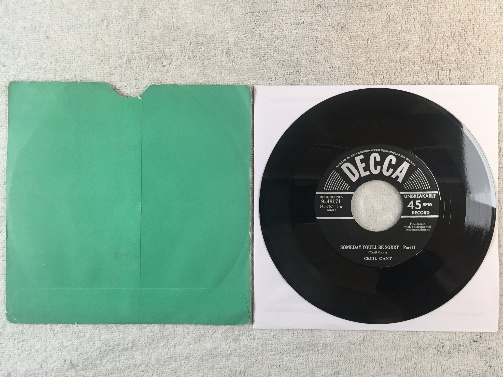 Omslagsbild för skivan CECIL GANT someday you'll be sorry part I 7"single US decca 9-48171 blues 