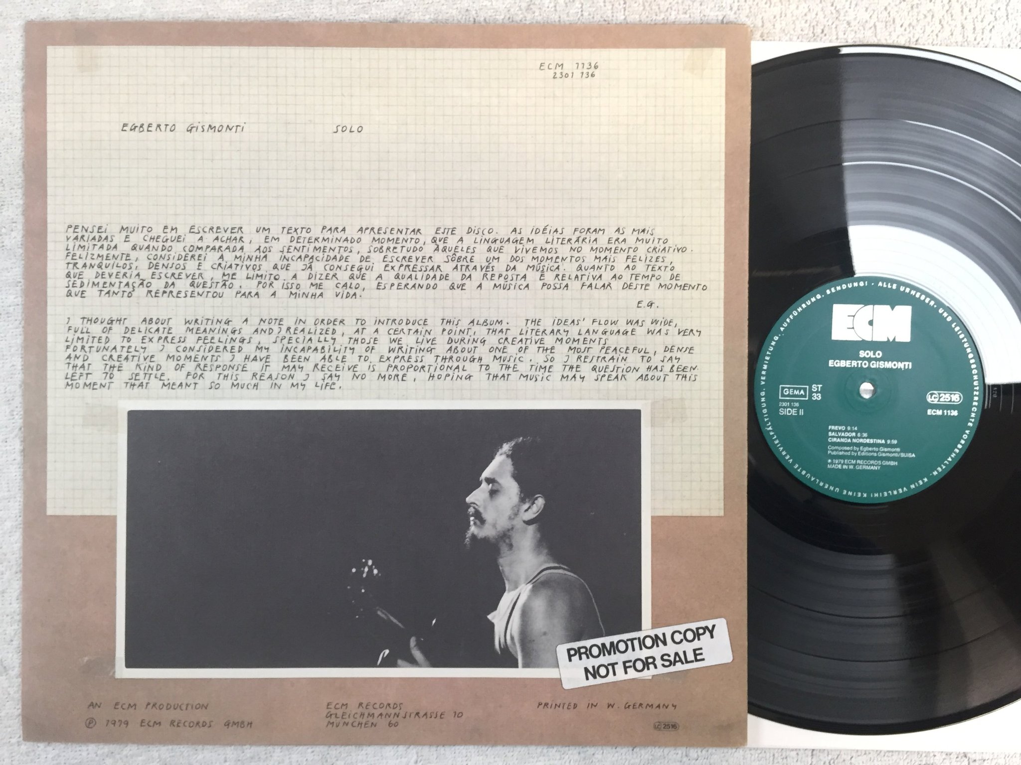 Omslagsbild för skivan EGBERTO GISMONTI solo LP -79 Ger ECM 1136
