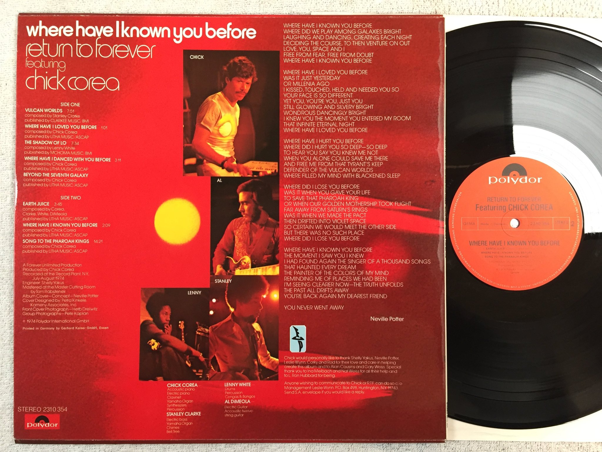 Omslagsbild för skivan RETURN TO FOREVER w/ CHICK COREA where have I known you before LP -74 Ger  