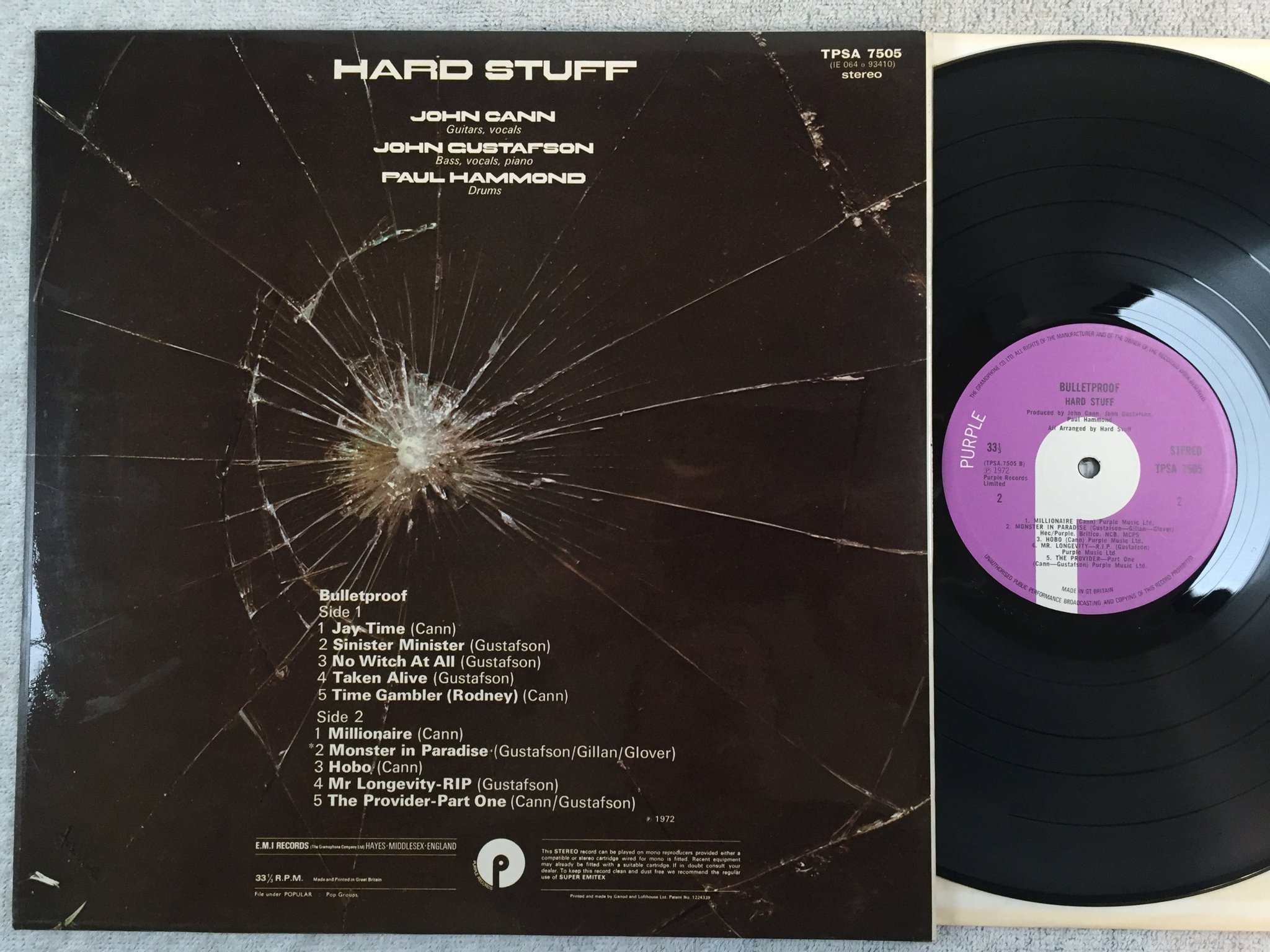 Omslagsbild för skivan HARD STUFF bulletproof LP -72 UK PURPLE TPSA 7505 rare!