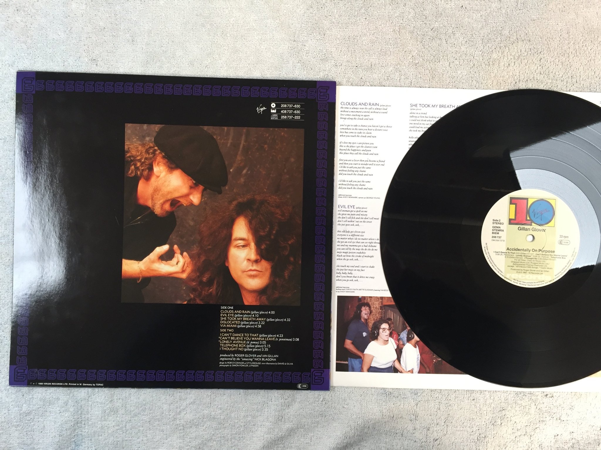 Omslagsbild för skivan GILLAN GLOVER accidentally on purpose LP -87 Ger 10/VIRGIN 208737