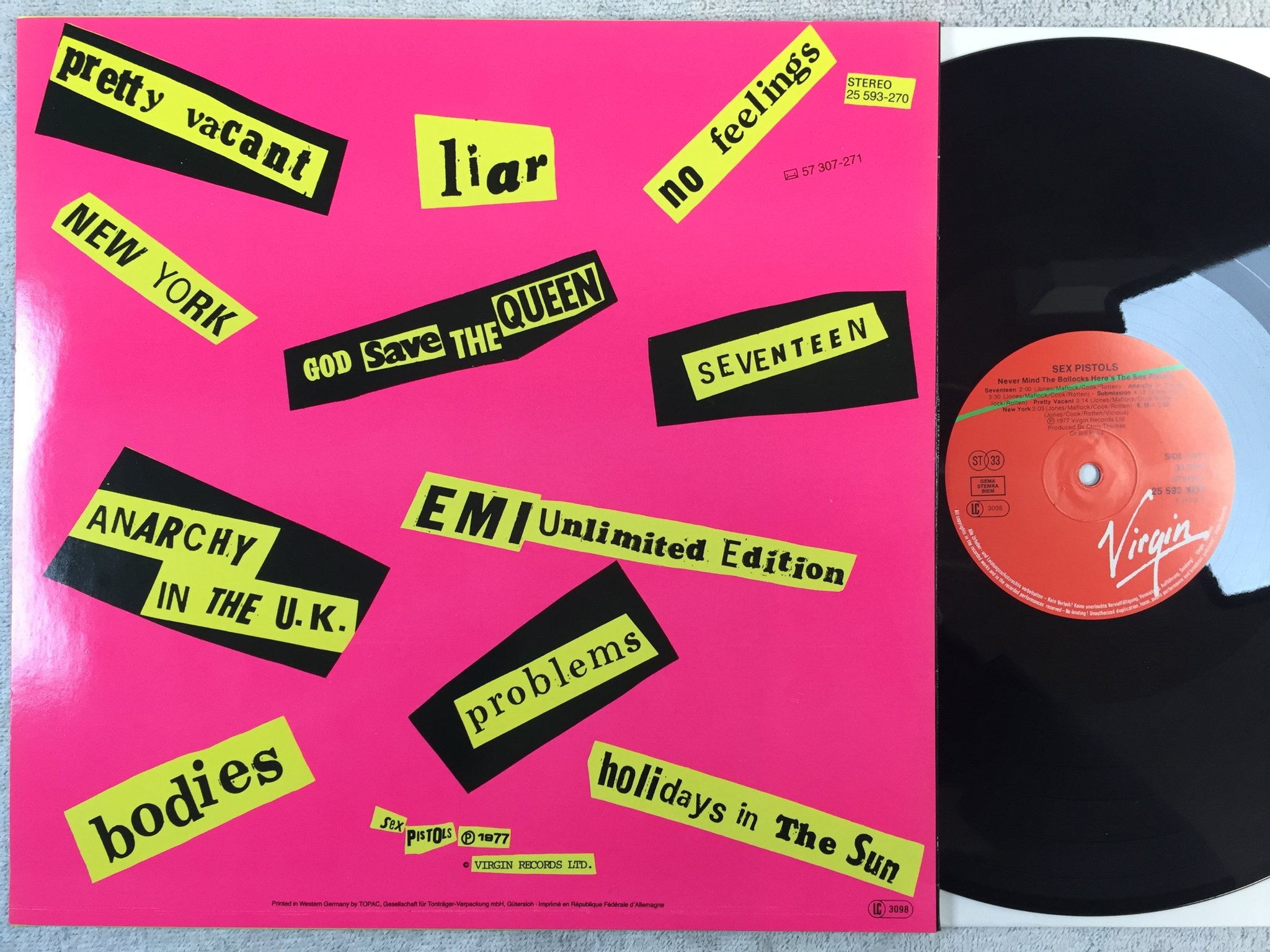 Omslagsbild för skivan SEX PISTOLS s/t LP re Ger VIRGIN 25593 XOT