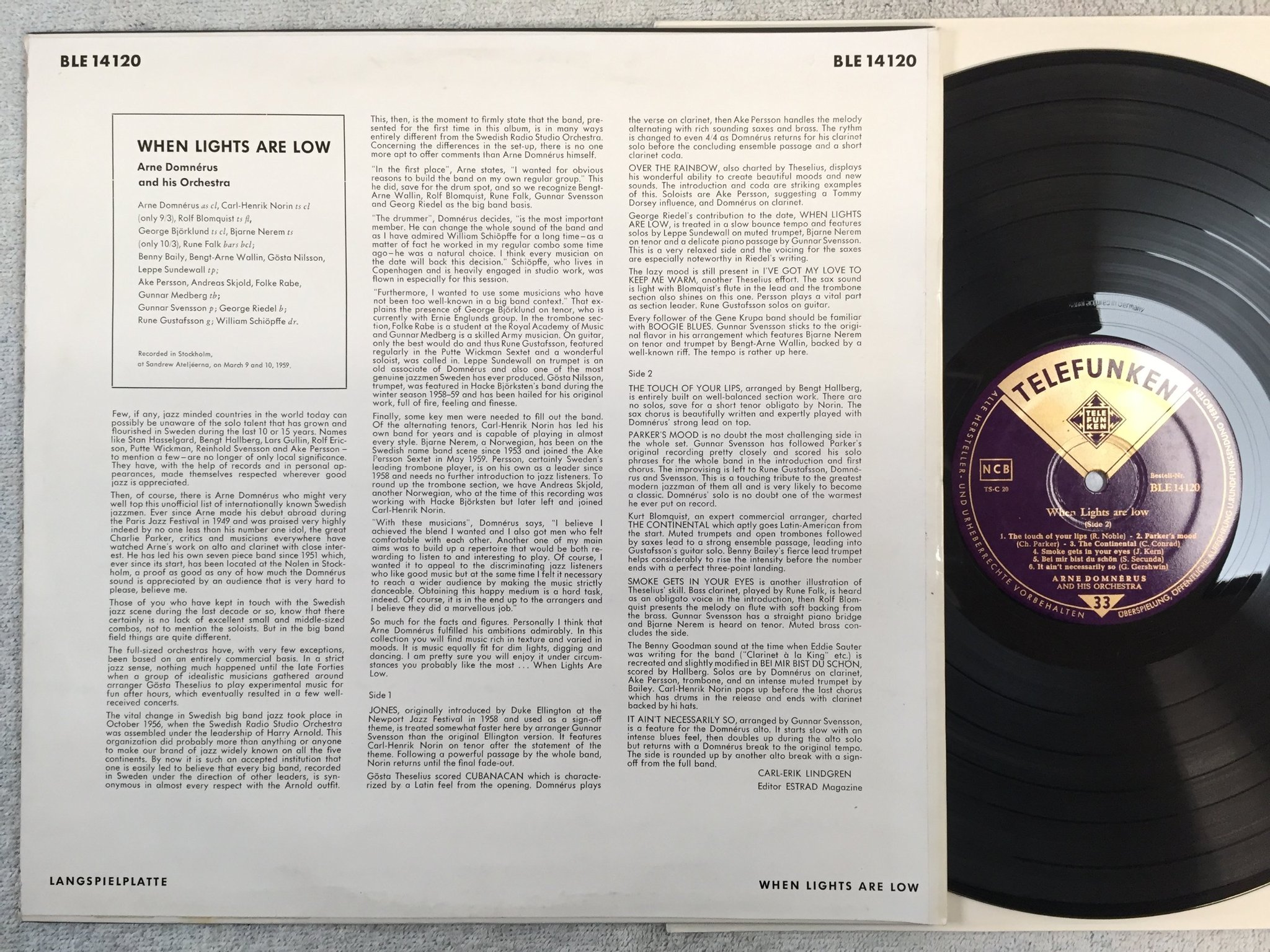 Omslagsbild för skivan ARNE DOMNERUS when lights are low LP -59 Ger TELEFUNKEN BLE 14120