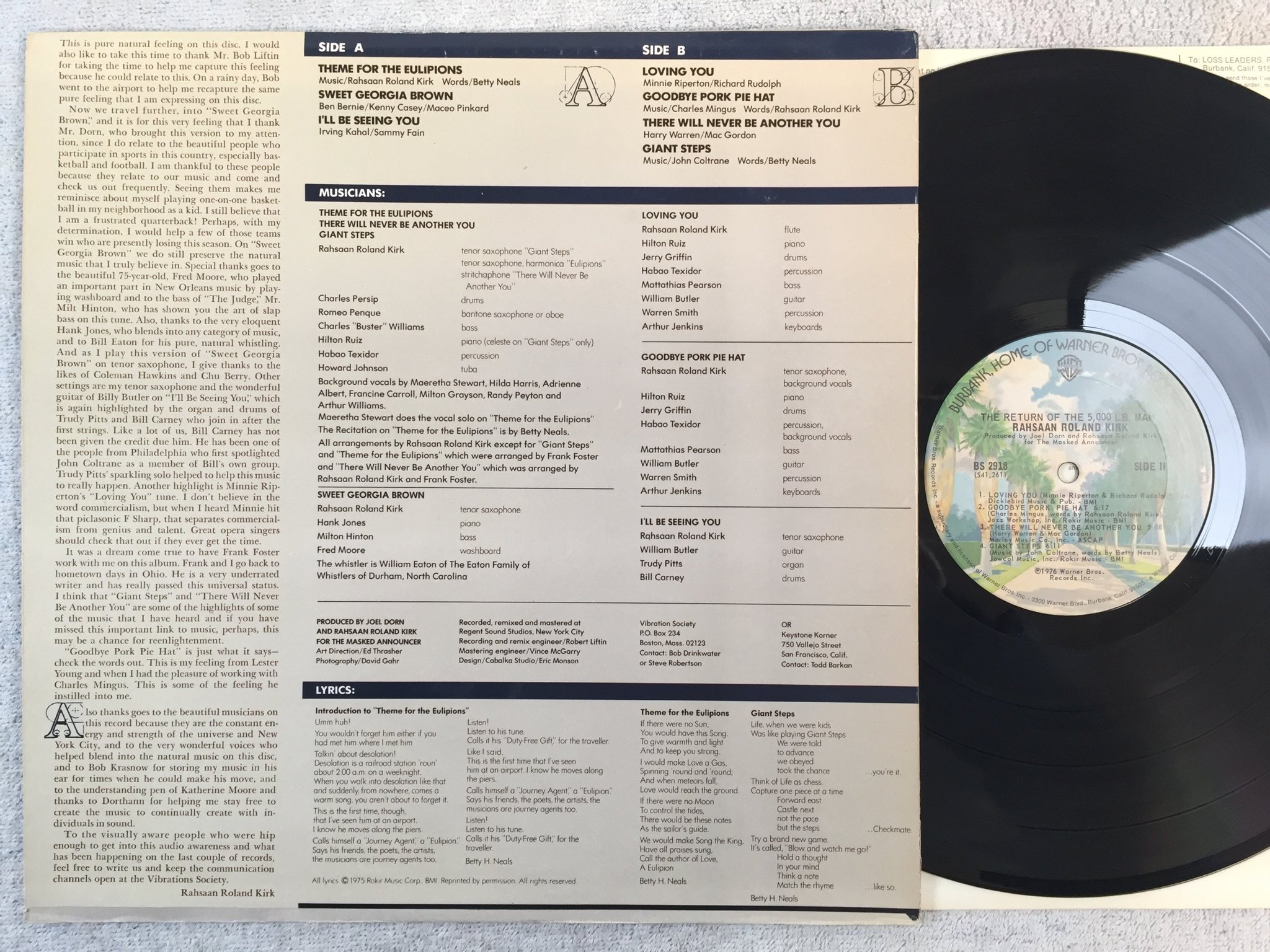 Omslagsbild för skivan RAHSAAN ROLAND KIRK the return of the 50000 lb man LP -76 US WARNER BROS BS 2918