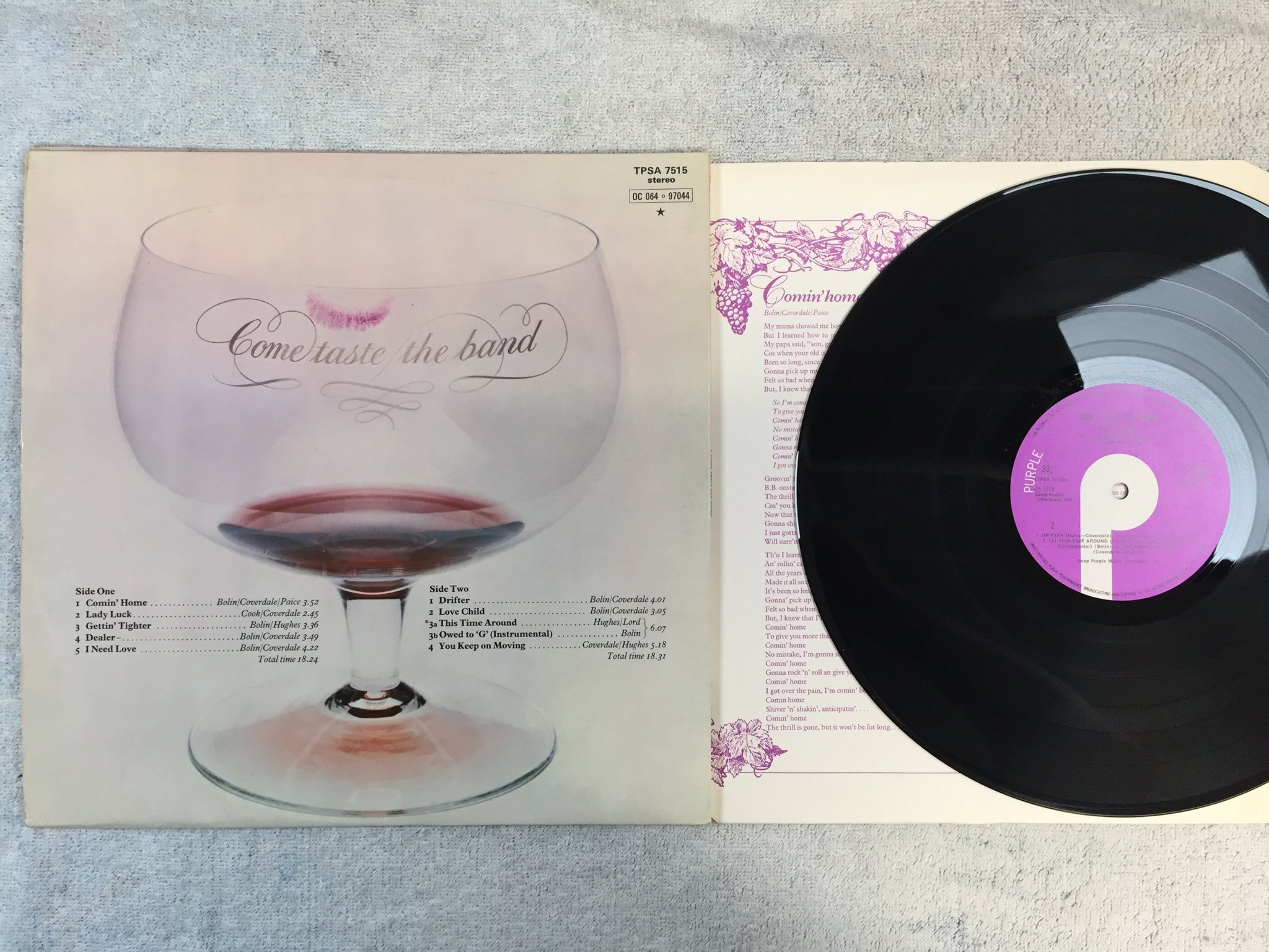 Omslagsbild för skivan DEEP PURPLE come taste the band LP -75 UK PURPLE TPSA 7515 