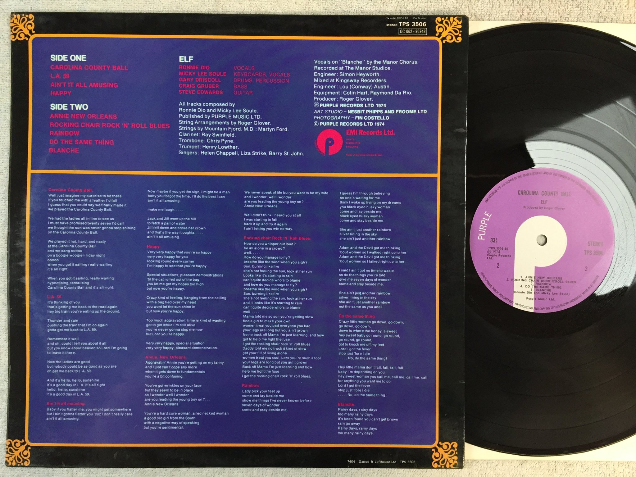 Omslagsbild för skivan ELF carolina county ball LP -74 UK PURPLE TPS 3506