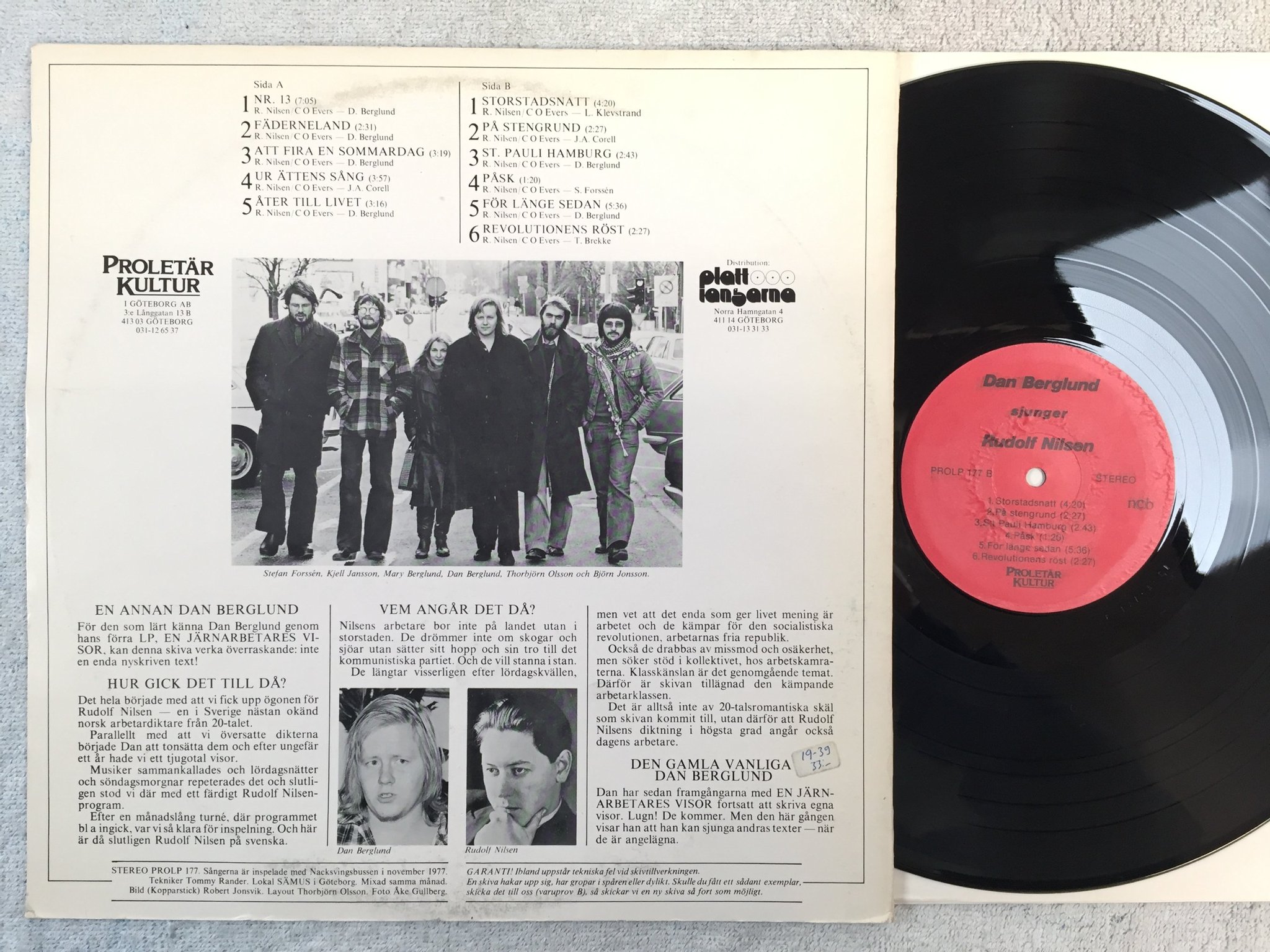 Omslagsbild för skivan DAN BERGLUND sjunger Rudolf Nilsen LP Swe PROLETÄR KULTUR PROLP 177