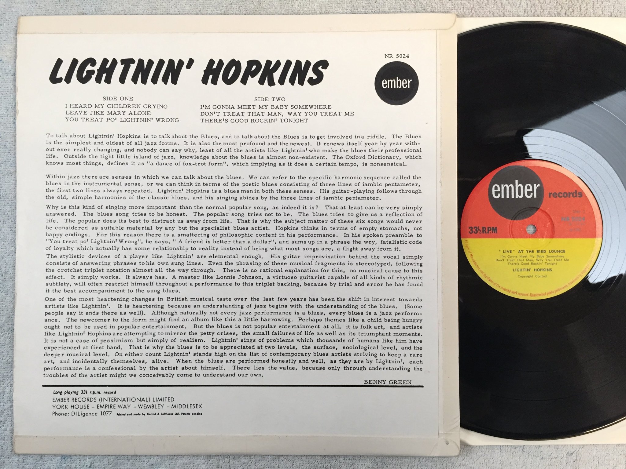 Omslagsbild för skivan LIGHTNIN HOPKINS "live" at the Bird Lounge LP -65 UK EMBER BR 5024