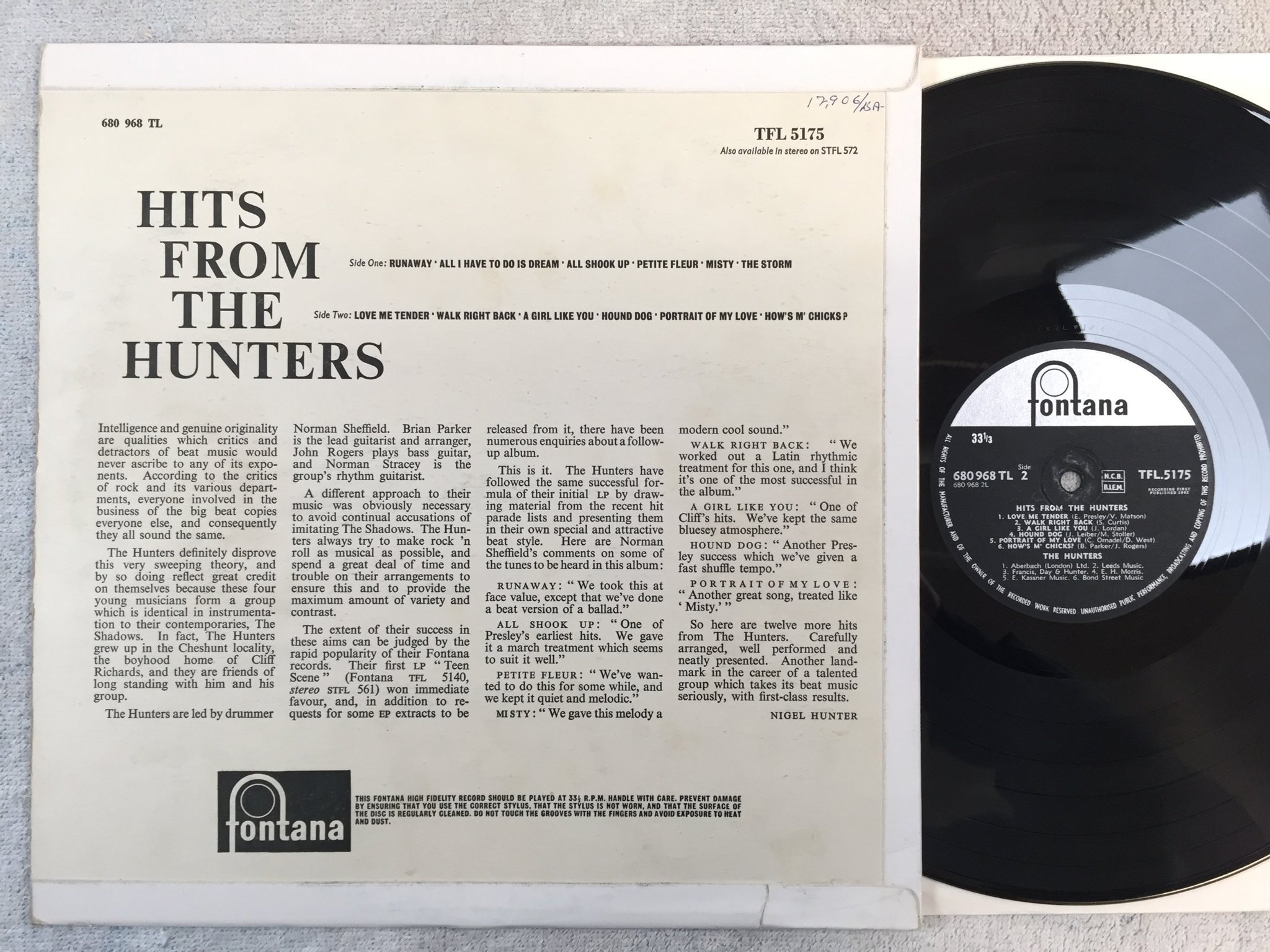 Omslagsbild för skivan THE HUNTERS hits from the hunters LP -62 UK FONTANA TFL 5175