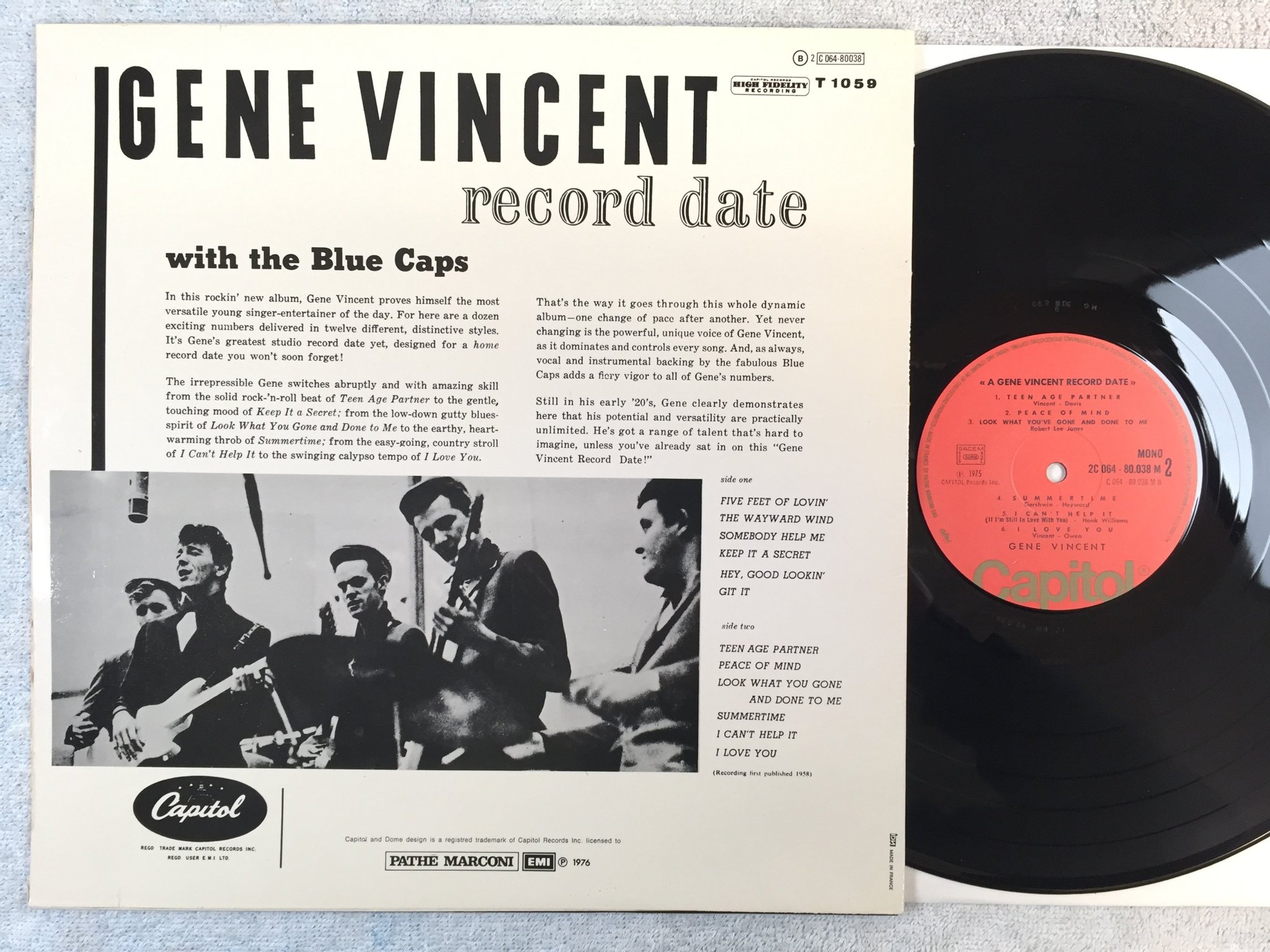 Omslagsbild för skivan GENE VINCENT a Gene Vincent record date LP -75 Fra CAPITOL 2C 064 80038 M