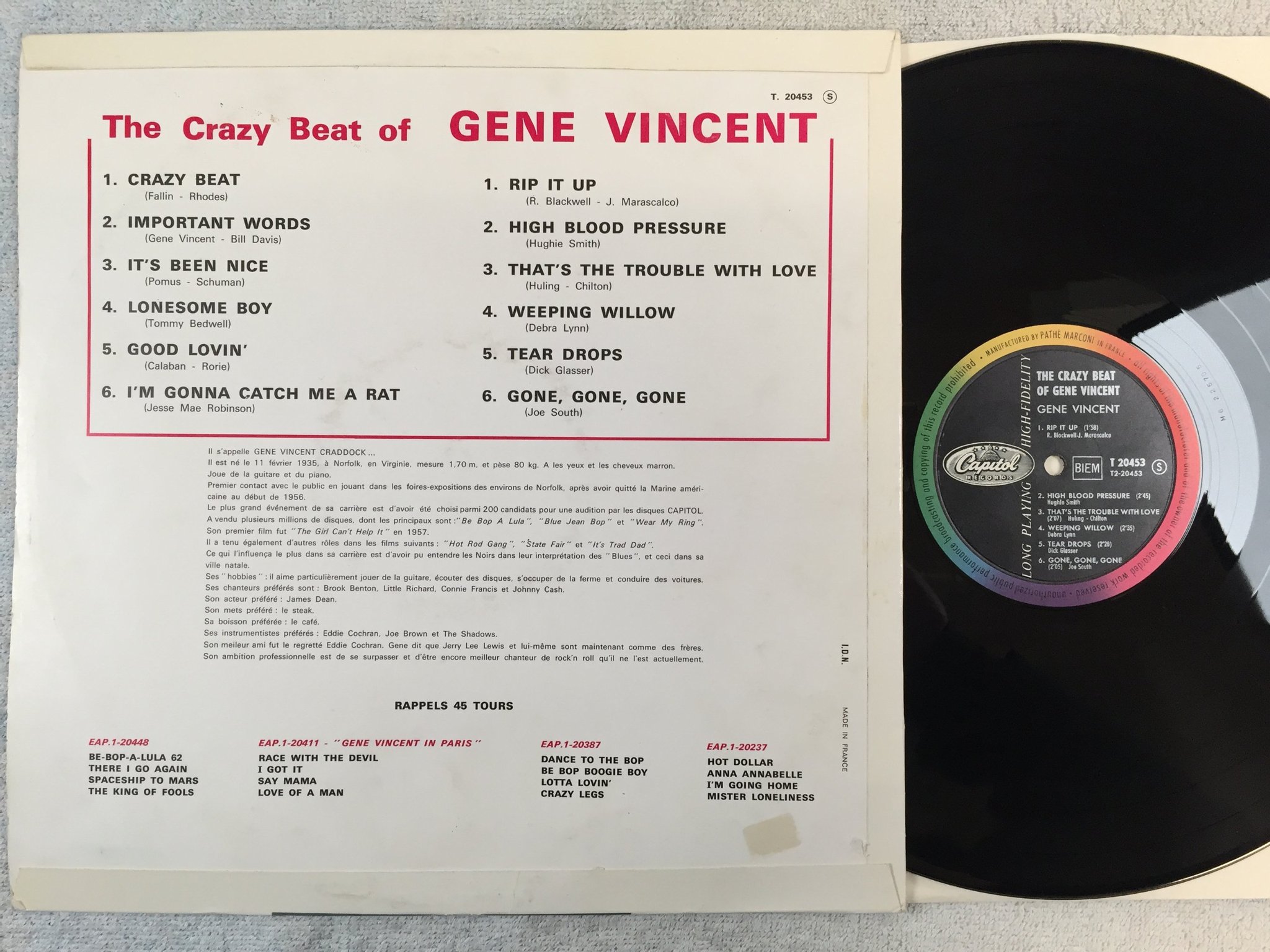 Omslagsbild för skivan GENE VINCENT the crazy beat of... LP -63 France CAPITOL T. 20453
