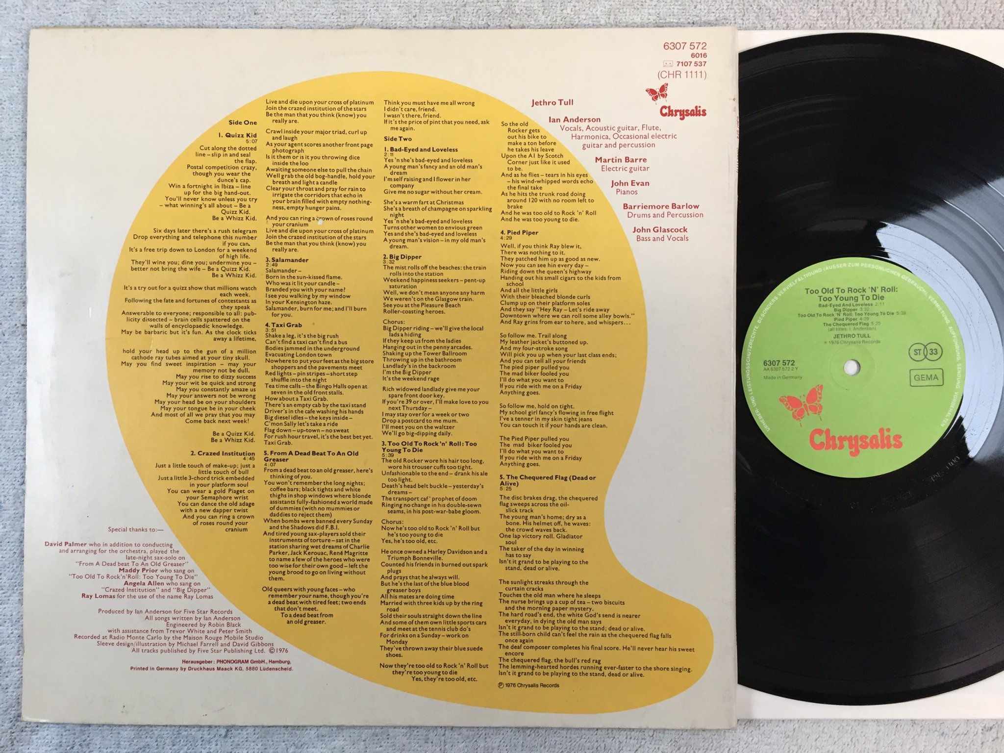 Omslagsbild för skivan JETHRO TULL too old to rock n roll LP -76 Ger CHRYSALIS 6307572