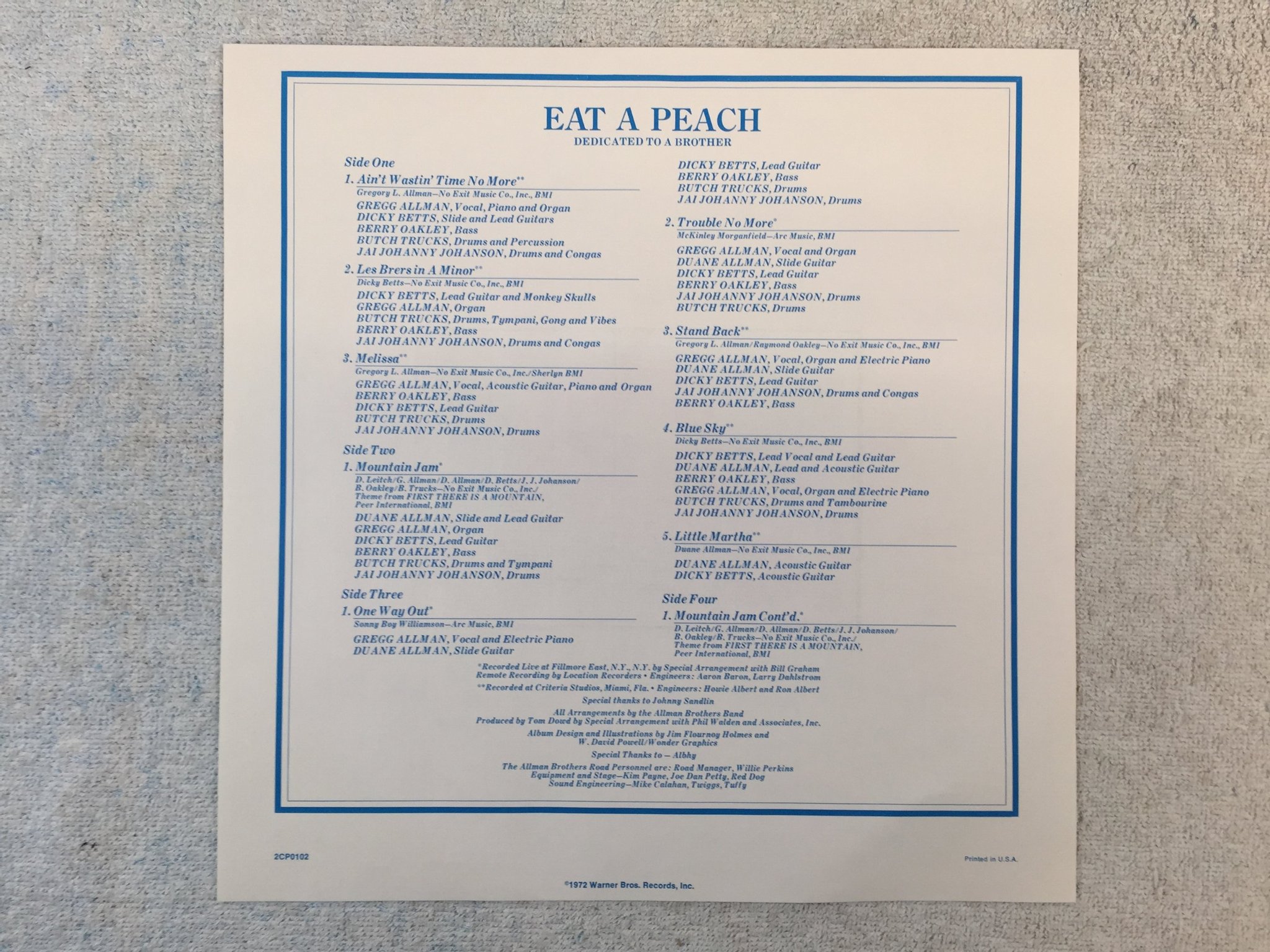 Omslagsbild för skivan THE ALLMAN BROTHERS BAND eat a peach 2xLP -72 US CAPRICORN 3CP 0102