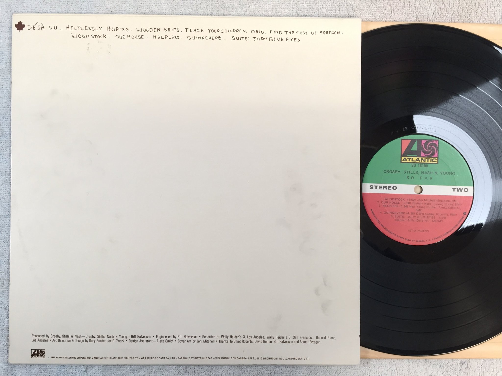 Omslagsbild för skivan CROSBY STILLS NASH & YOUNG so far LP  Can ATLANTIC SD 18100