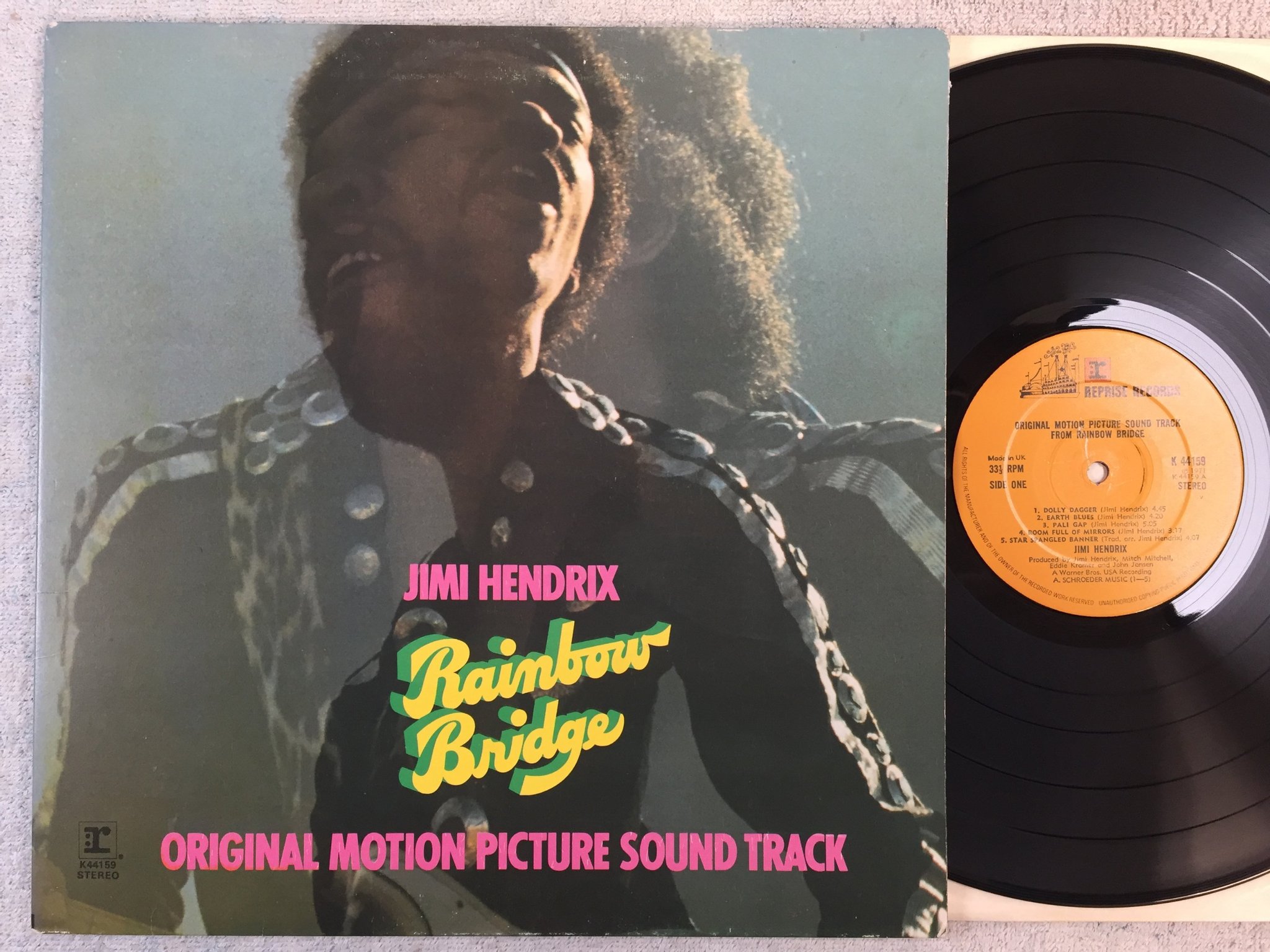 Omslagsbild för skivan JIMI HENDRIX OST from Rainbow Bridge LP -71 UK REPRISE K 44159 