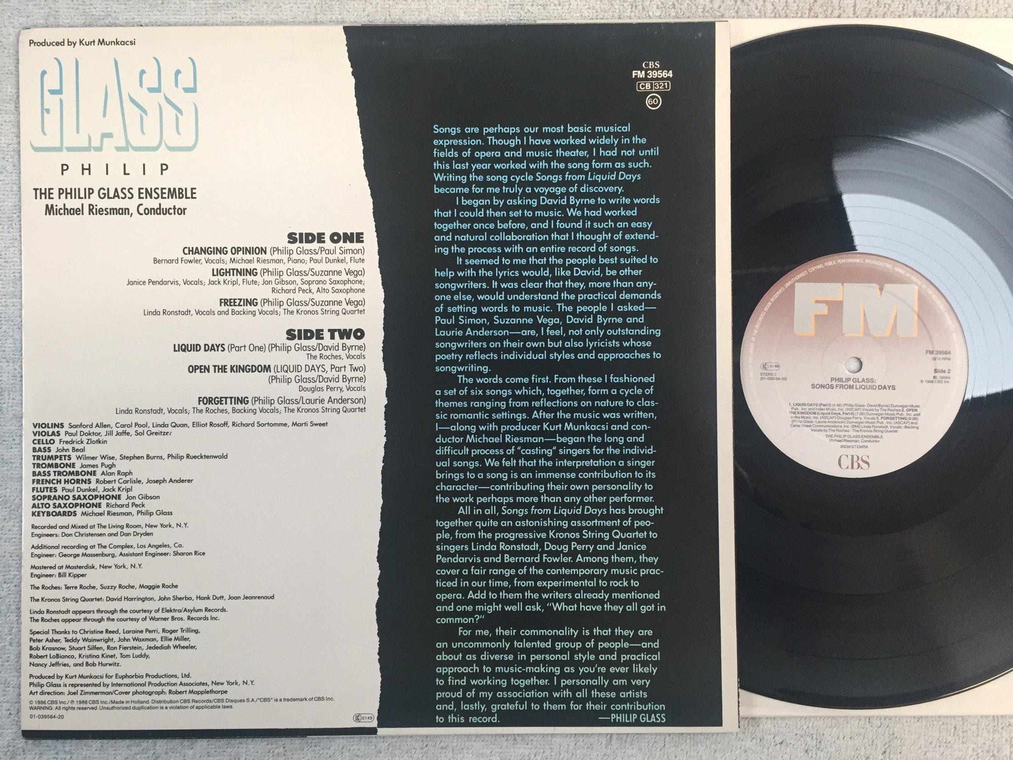 Omslagsbild för skivan PHILIP GLASS songs from liquid days LP -86 Hol FM 39564