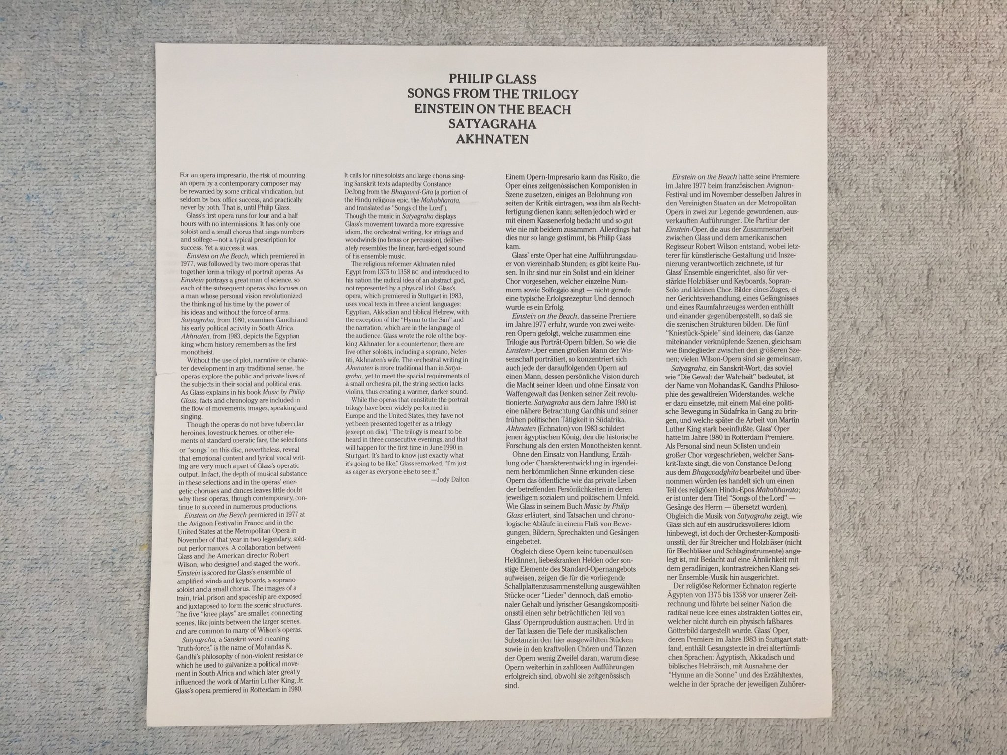 Omslagsbild för skivan PHILIP GLASS songs from the trilogy LP -89 Hol FM 45580