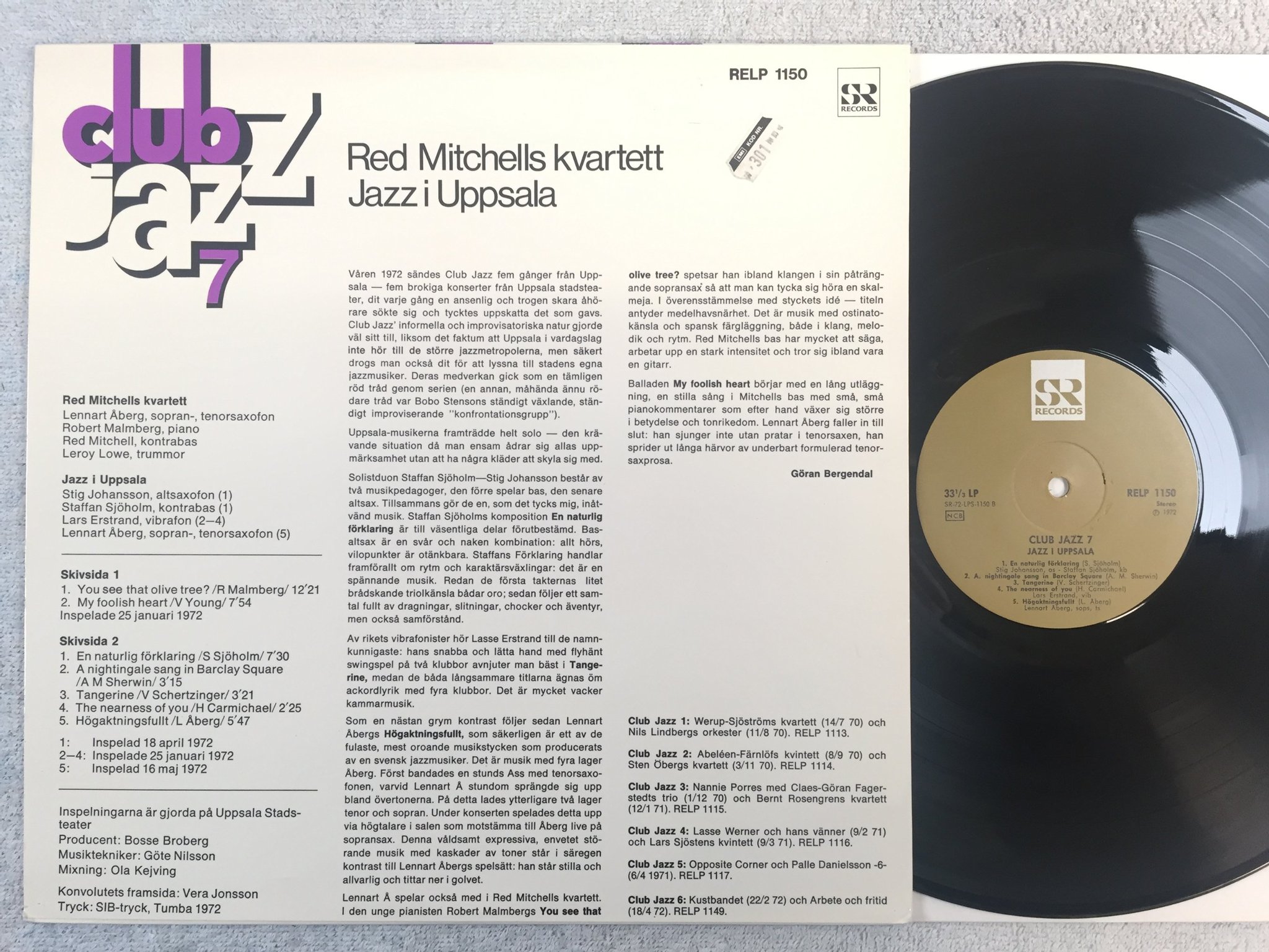 Omslagsbild för skivan RED MITCHELLS KVARTETT / JAZZ I UPPSALA club jazz 7 LP -72 SR RELP 1150