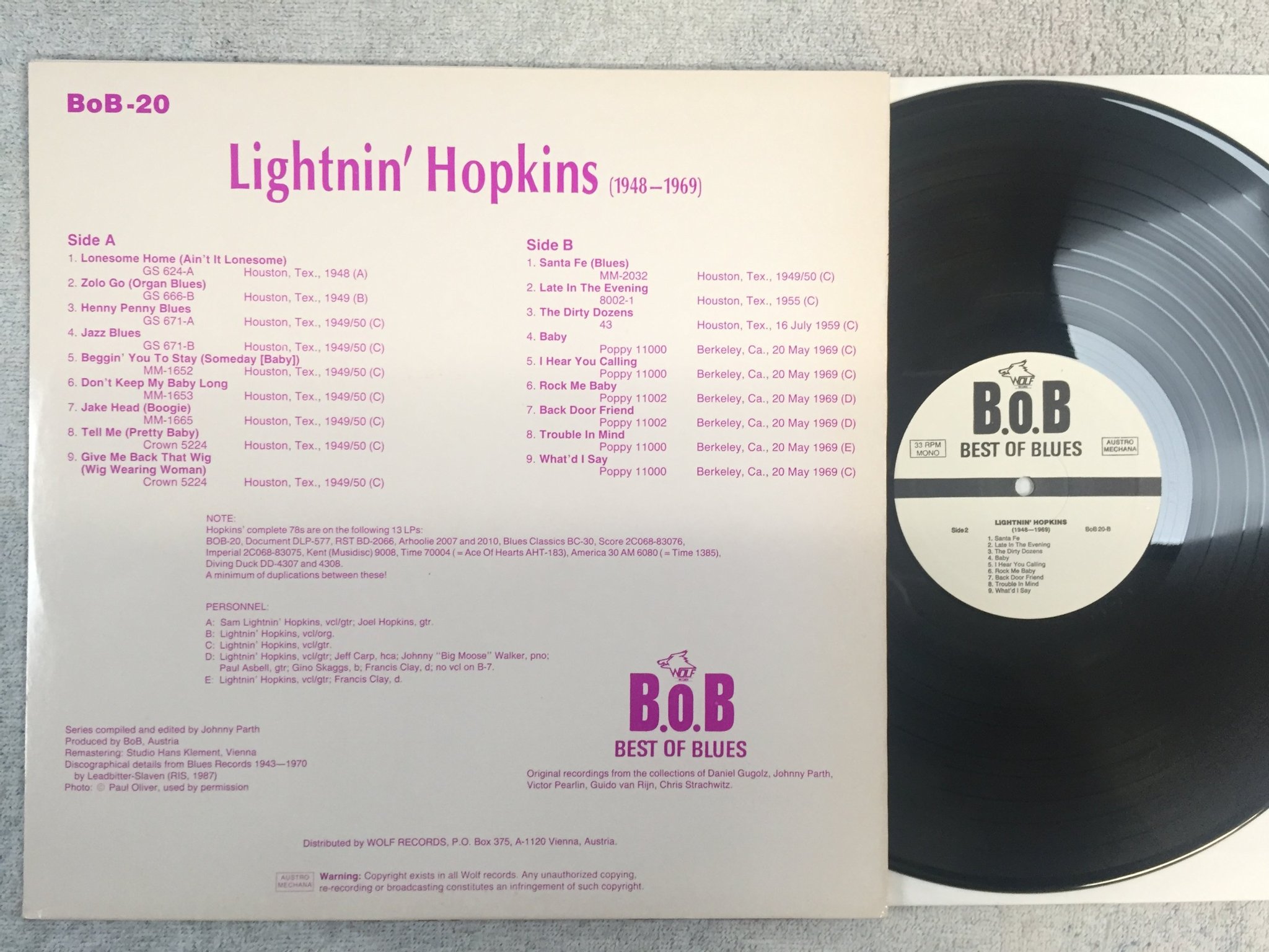 Omslagsbild för skivan LIGHTNIN´HOPKINS (1948-1969) LP -87 Austria BEST OF BLUES BoB-20 
