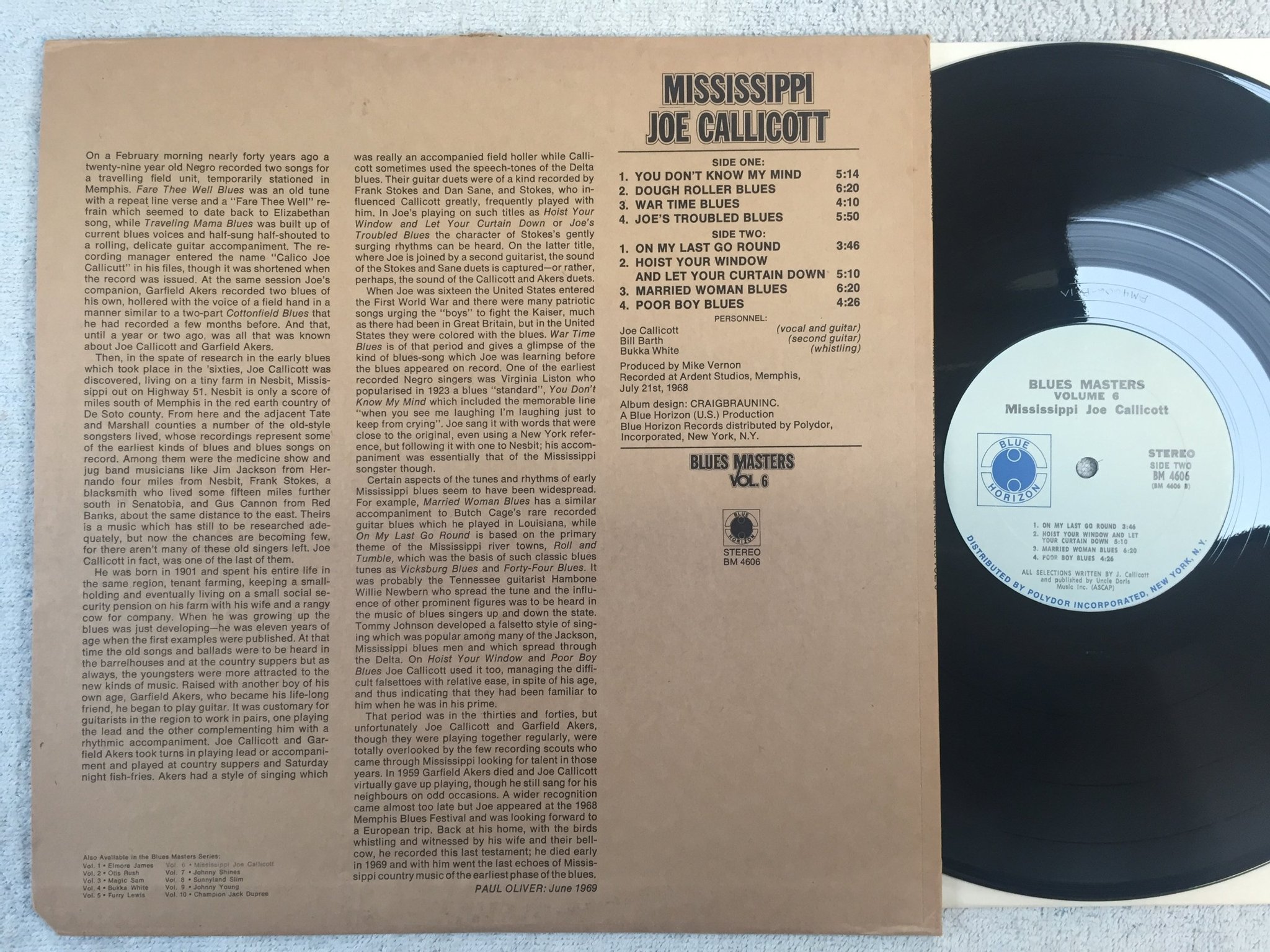 Omslagsbild för skivan MISSISSIPPI JOE CALLICOTT blues masters vol 6 LP -68 US BLUE HORIZON BM 4606