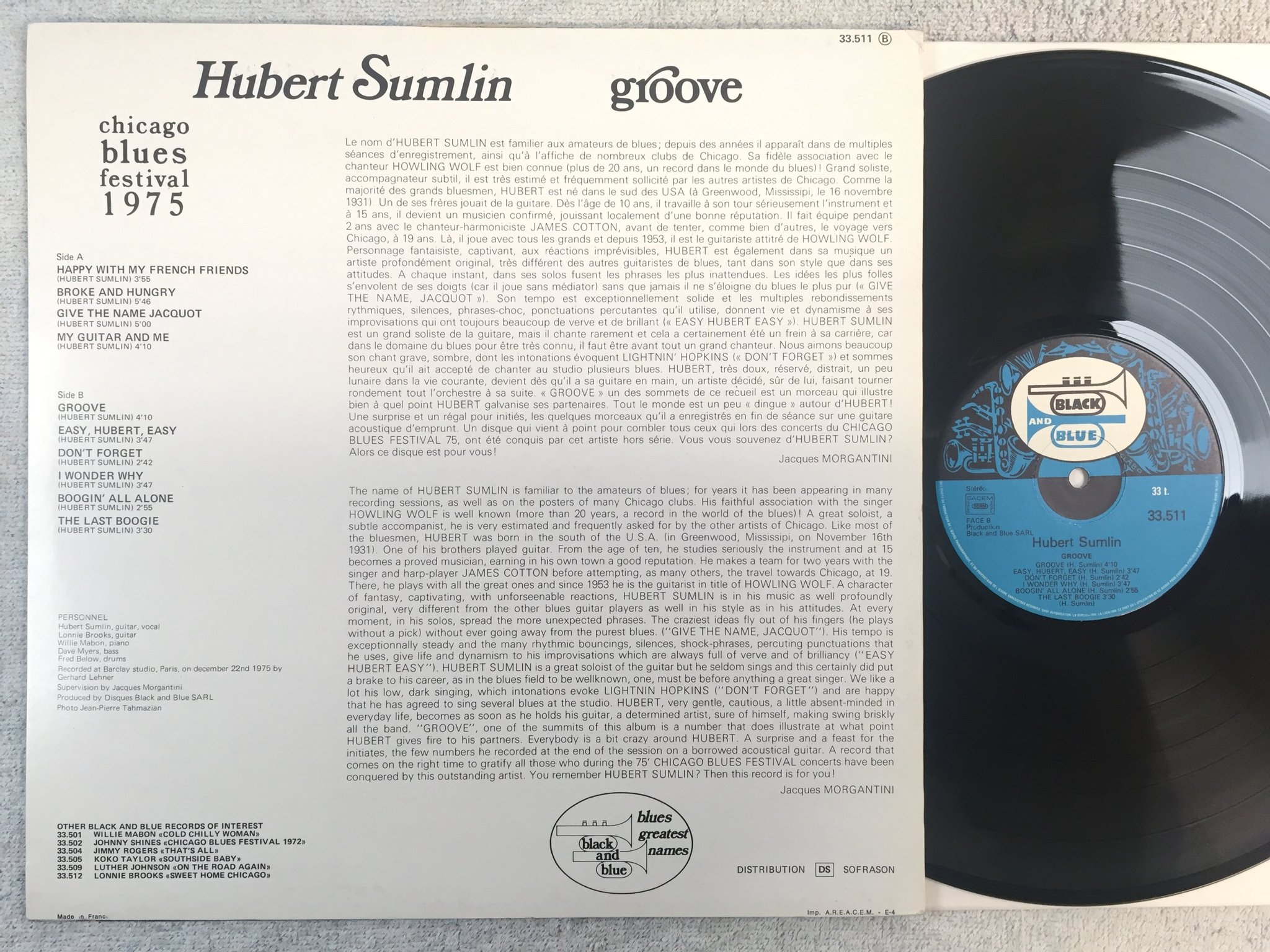 Omslagsbild för skivan HUBERT SUMLIN groove LP -76 Fra BLACK AND BLUE 33.511 blues