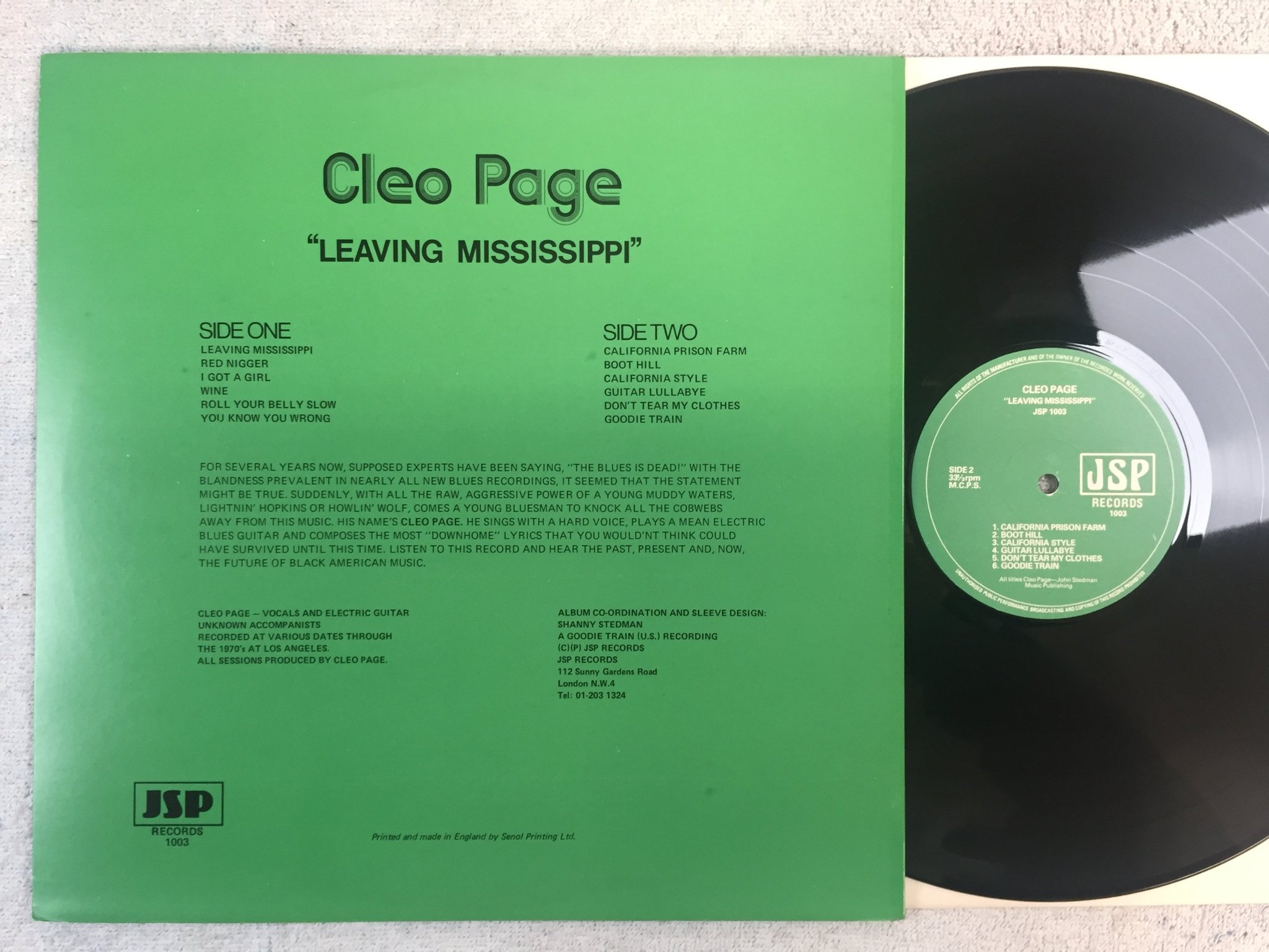 Omslagsbild för skivan CLEO PAGE Leaving Mississippi LP -79 UK jsp 1003 blues